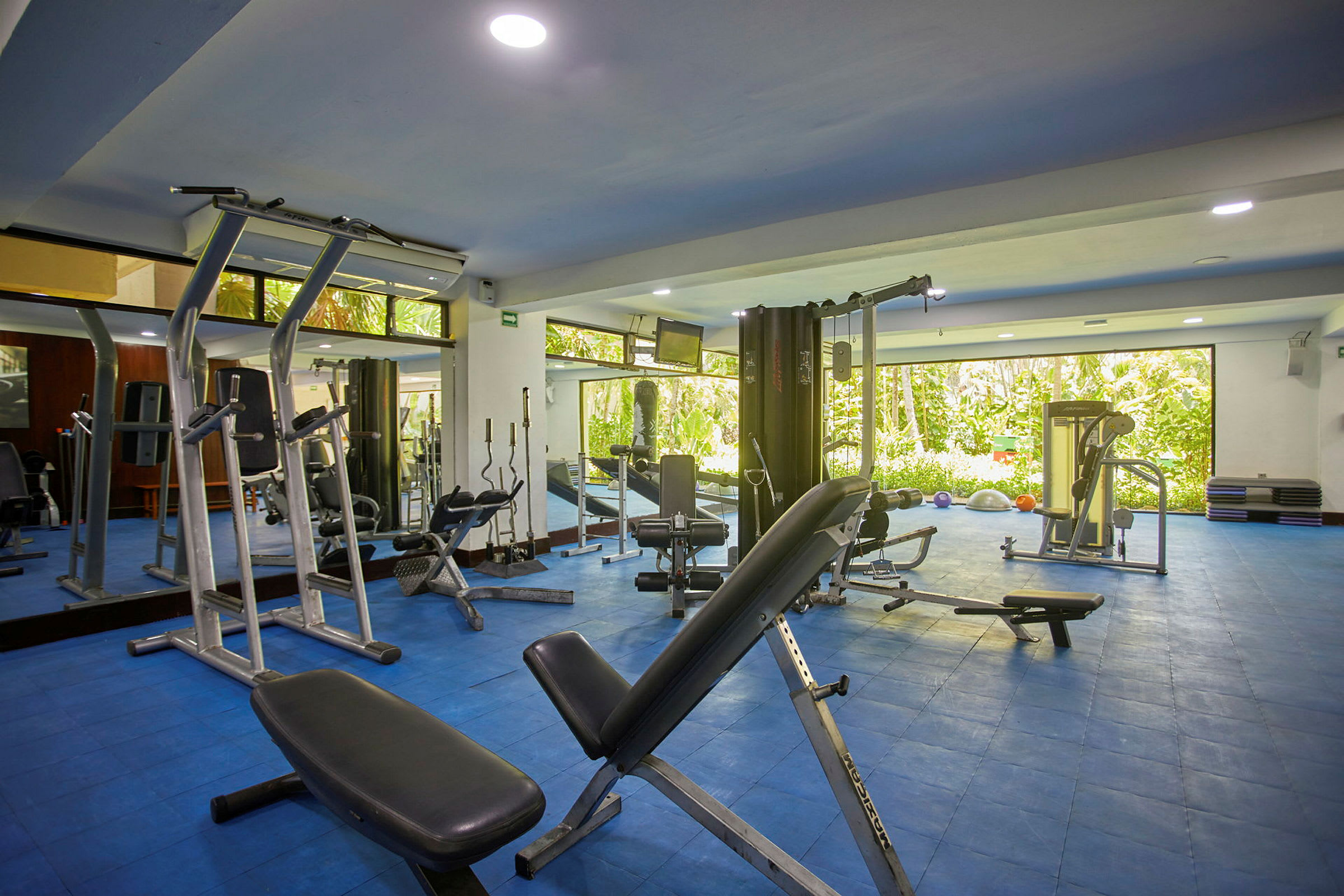 Bild av ett gym med olika träningsmaskiner och bänkar på ett blått golv. (AI-genererad text)