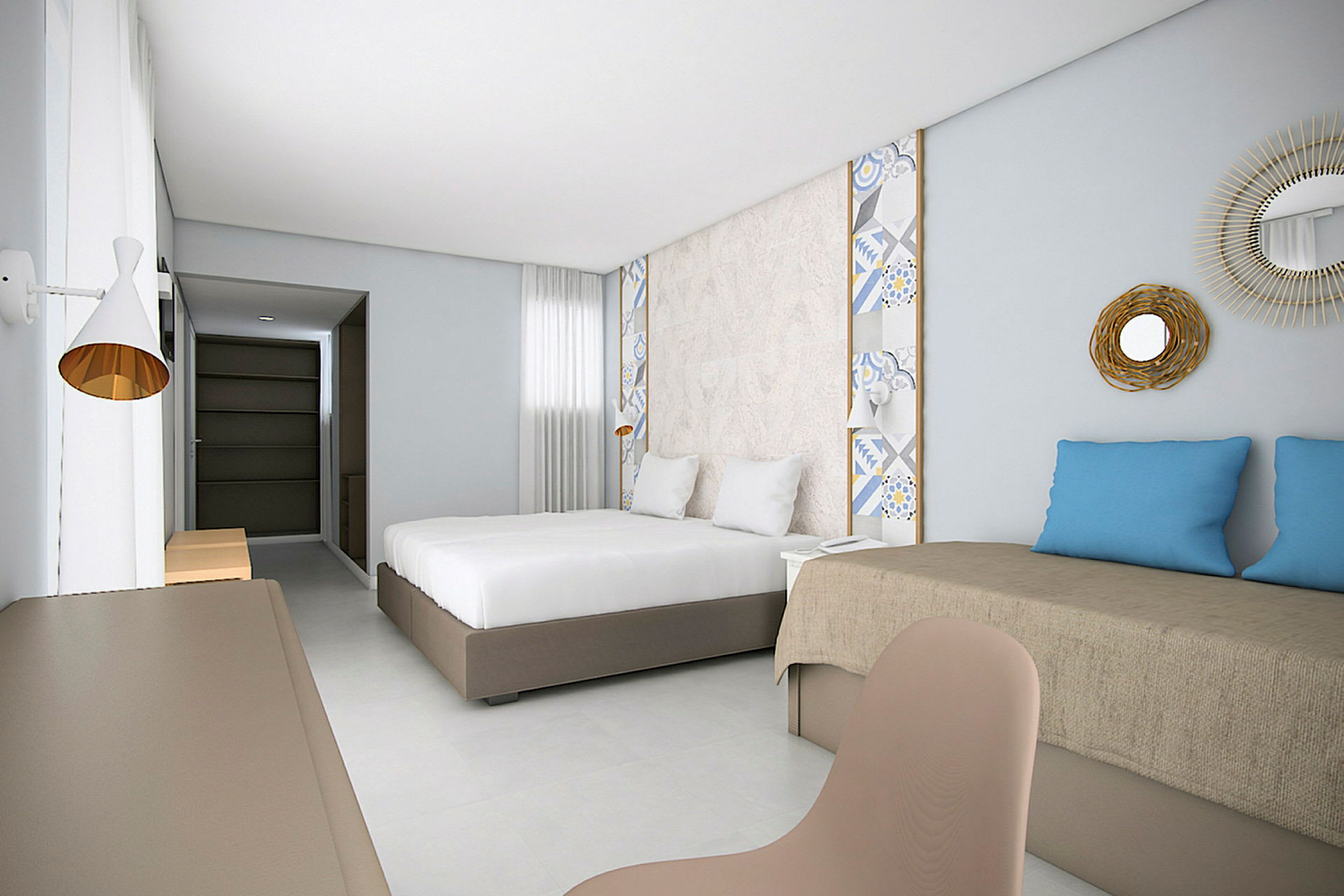 Ett modernt hotellrum med två sängar och dekorativ inredning. (AI-genererad text)