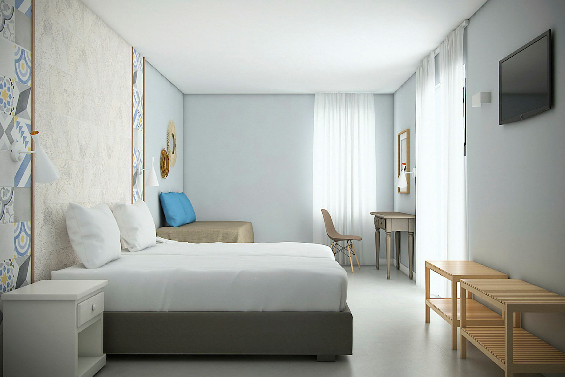 Hotellrum med dubbelsäng och skrivbord. (AI-genererad text)
