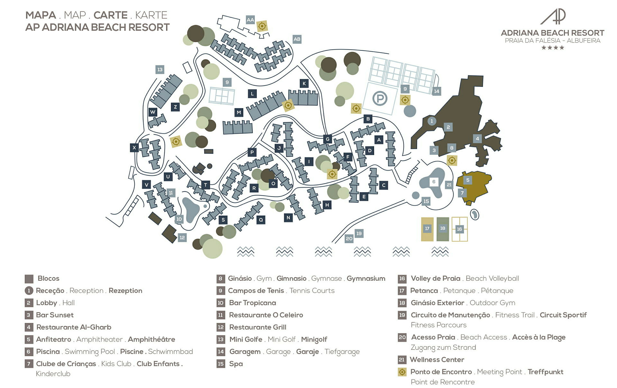 Karta över AP Adriana Beach Resort med byggnader och faciliteter markerade. (AI-genererad text)