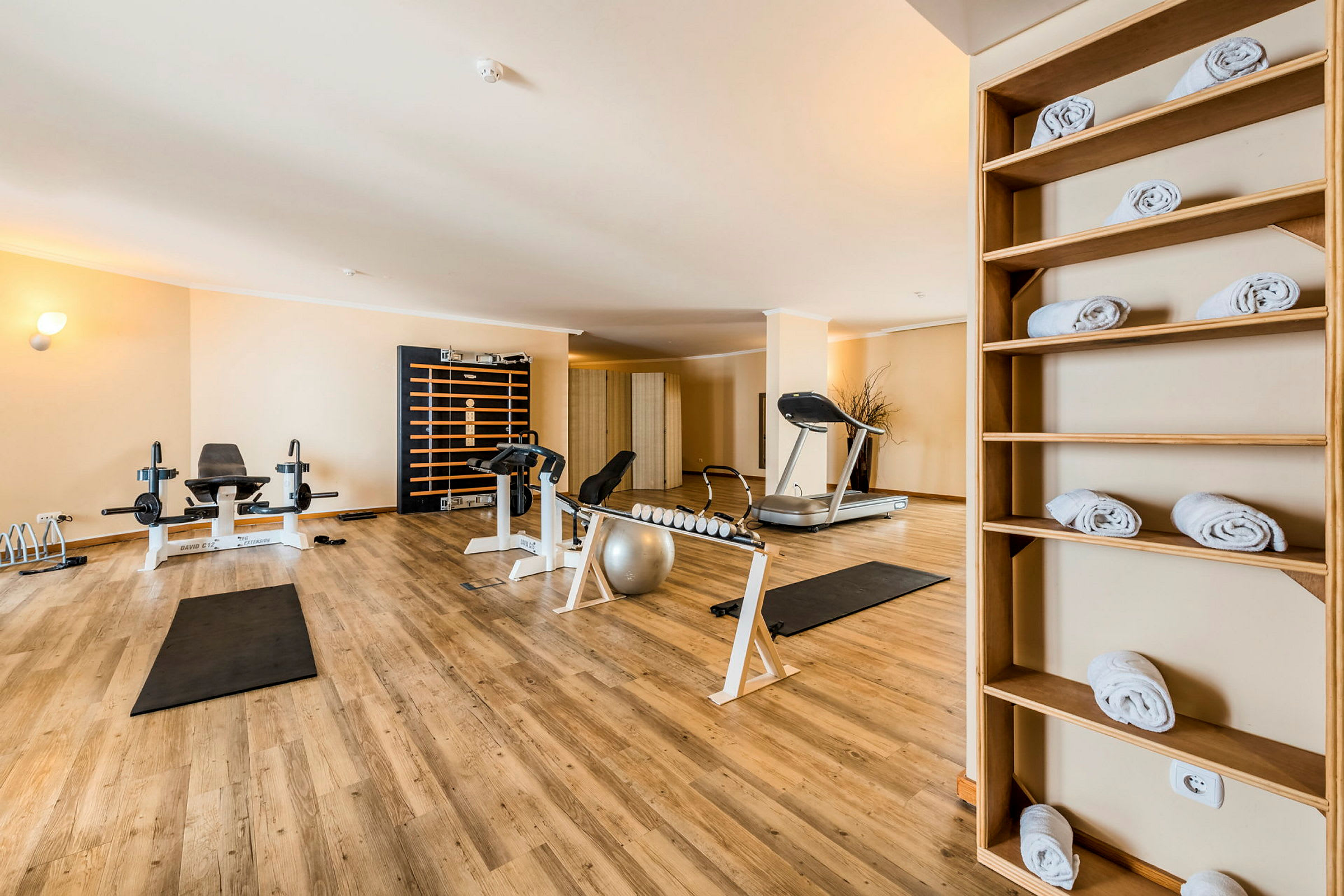 Ett modernt gym med träningsmaskiner och vikter, på en plats med träinspirerat golv. Handdukar syns prydligt hoprullade på en hylla. (AI-genererad text)