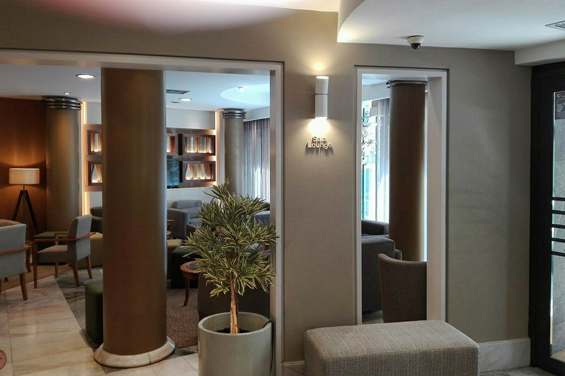 Interiörbild av en elegant och modern lounge, med gråtonade möbler, växter i kruka och dekorativa hyllor med belysning. (AI-genererad text)