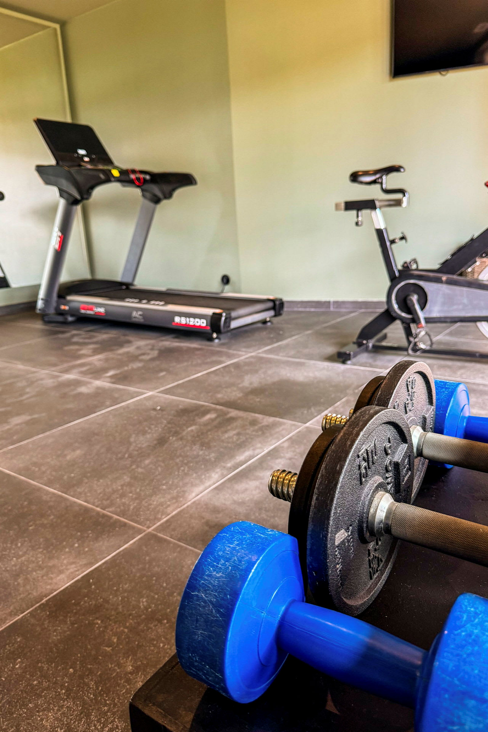 Bild på ett gym med vikter, löpband och en motionscykel. (AI-genererad text)