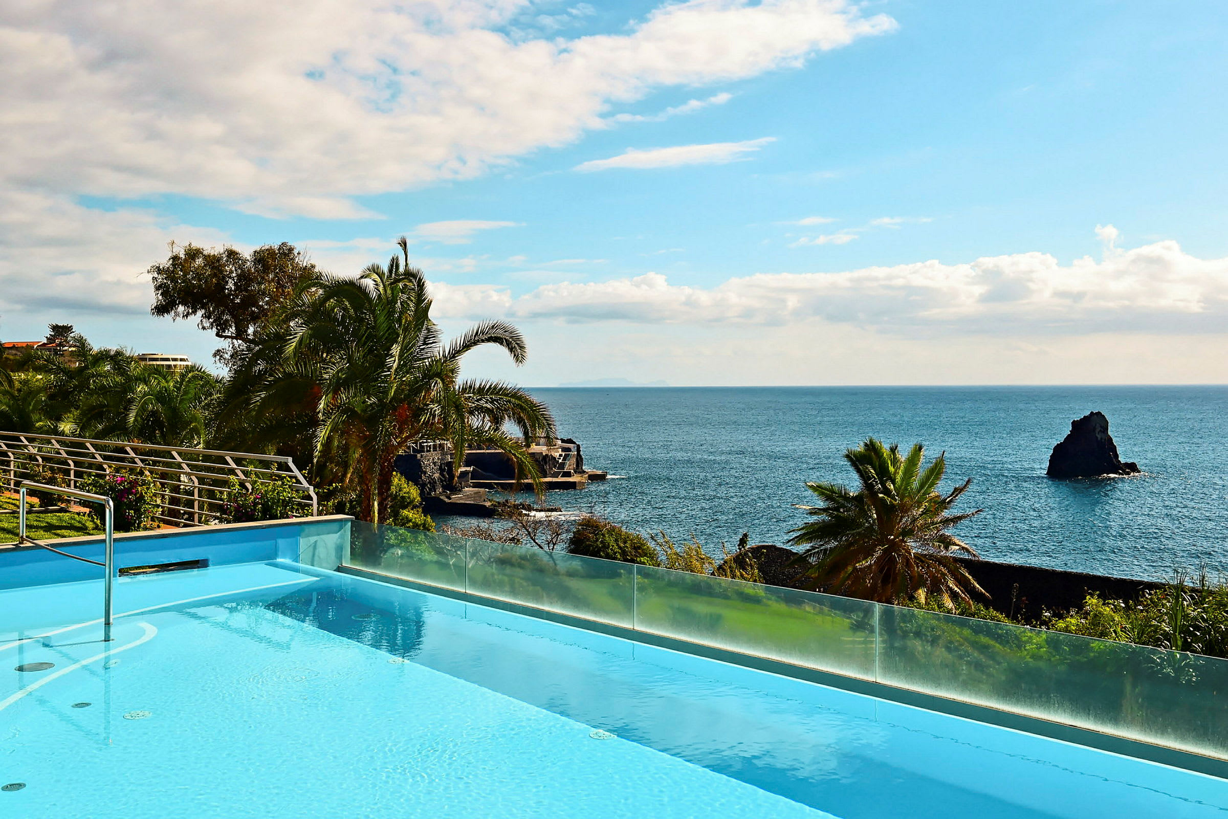 Utsikt över en pool med havet och palmer i bakgrunden. (AI-genererad text)