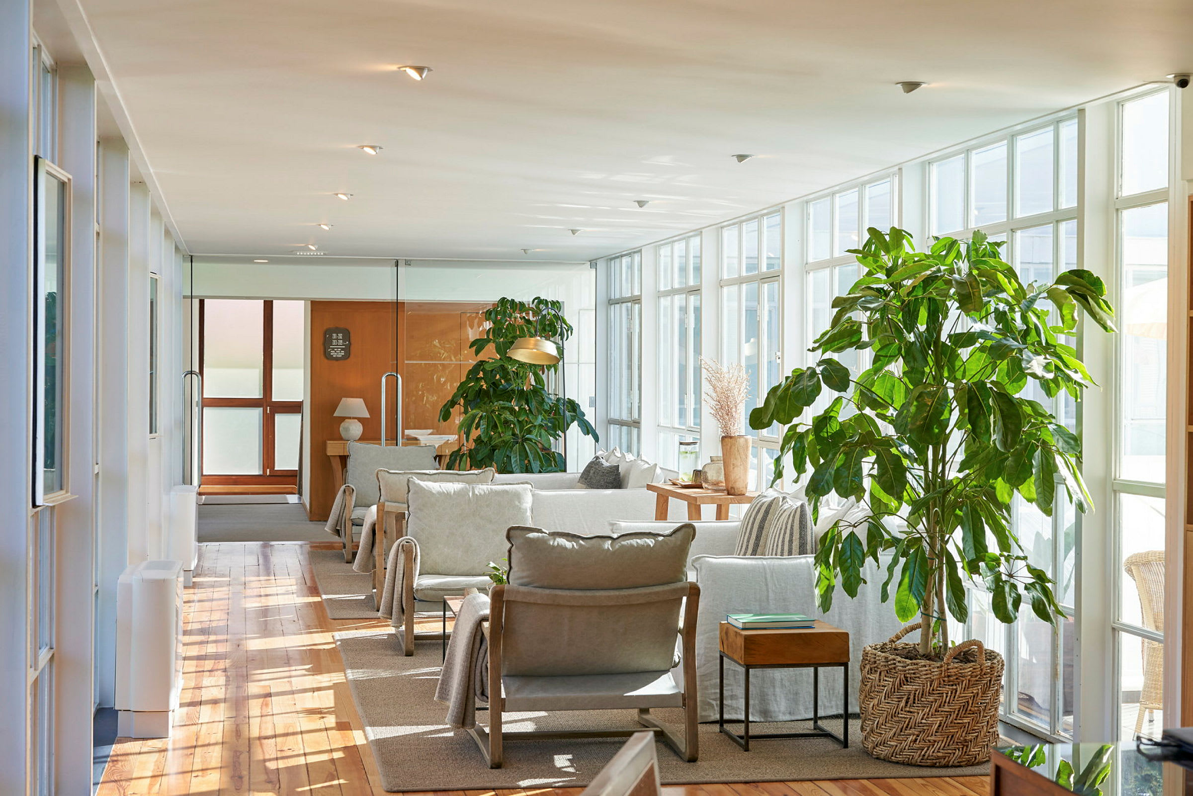 Ljus och rymlig lounge med stora fönster, gröna växter och bekväma stolar. (AI-genererad text)