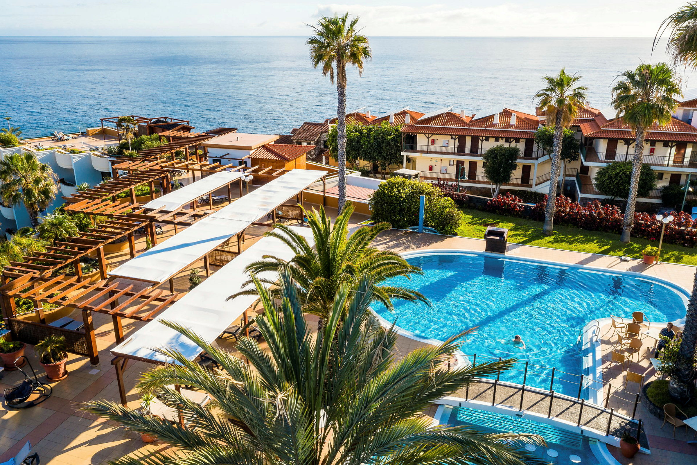 Vy över ett hotellområde med pool, palmer och hav i bakgrunden. (AI-genererad text)
