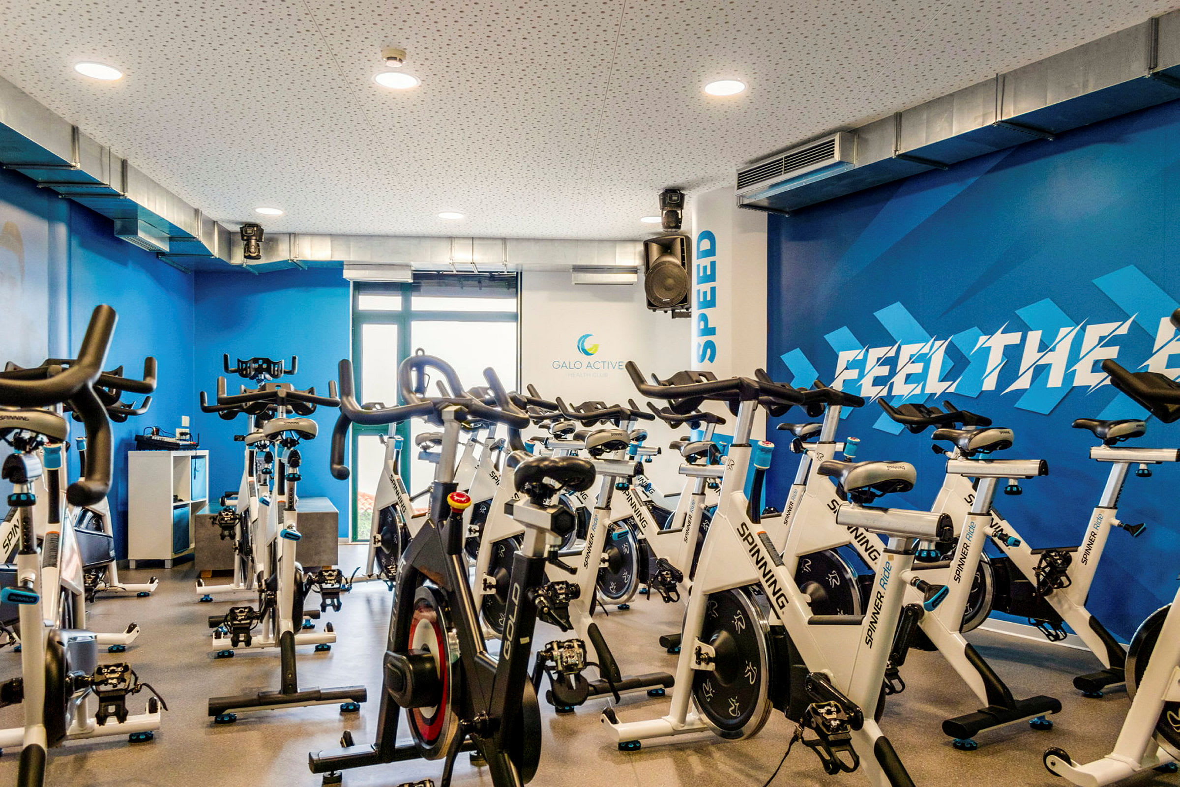 En grupp motionscyklar i en träningssal. (AI-genererad text)