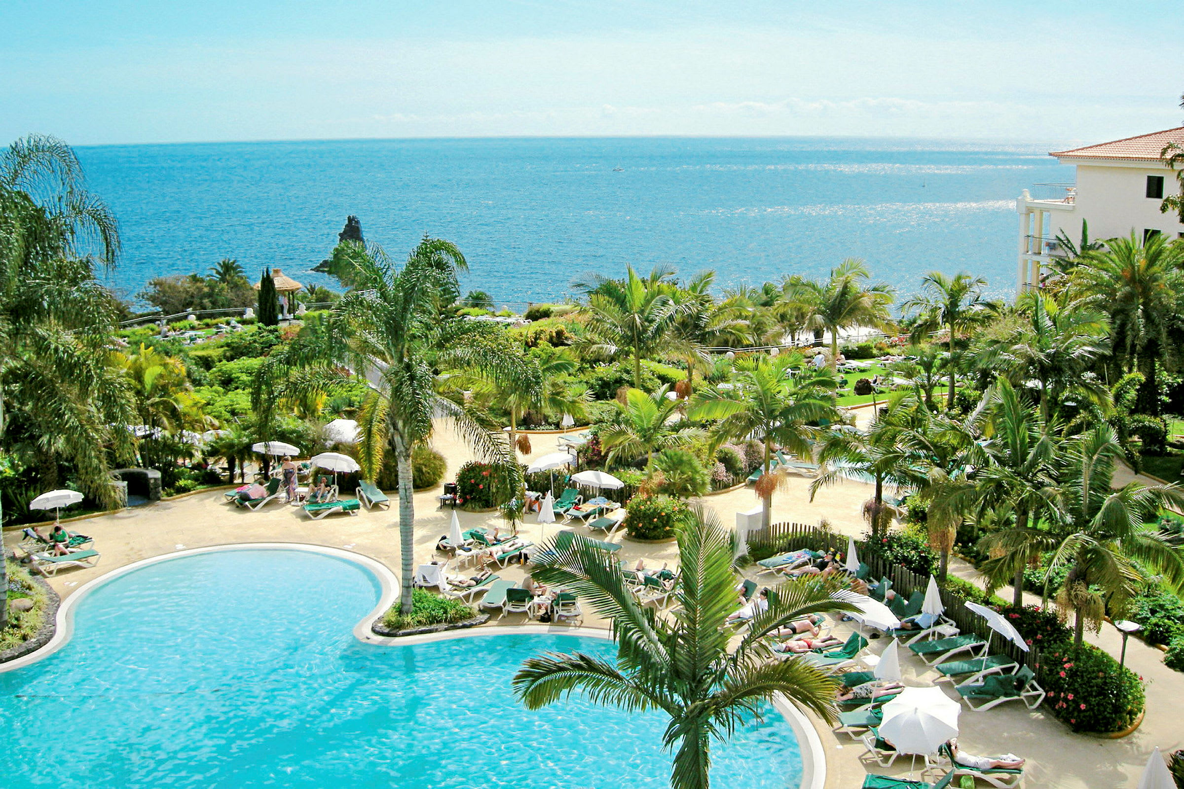 Bild av en pool omgiven av solstolar och gröna palmer med havet i bakgrunden. (AI-genererad text)