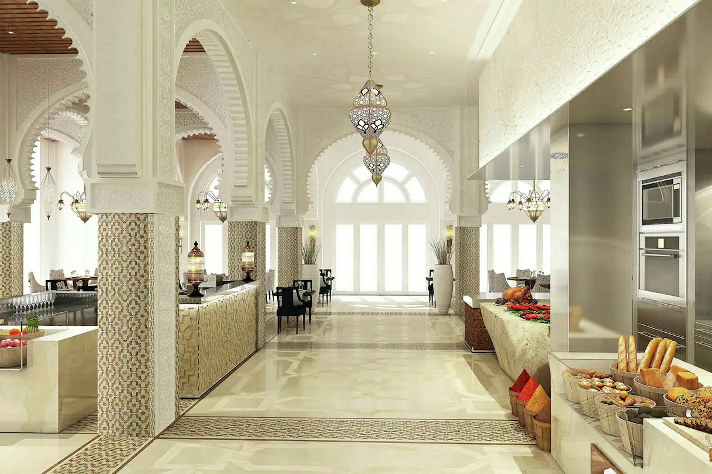 En elegant restaurang med bågformade pelare och orientalisk inredning. På höger sida finns ett buffébord med bröd och andra maträtter. (AI-genererad text)