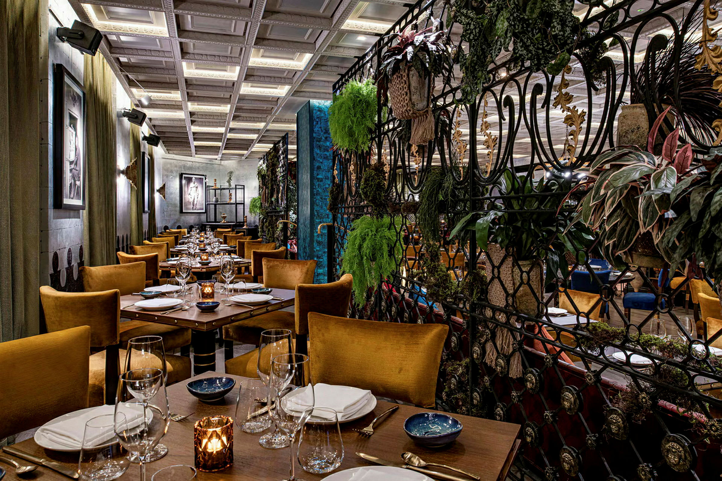 Interiör av en elegant restaurang med dukade bord och stolar samt grönskande växter som dekoration. (AI-genererad text)