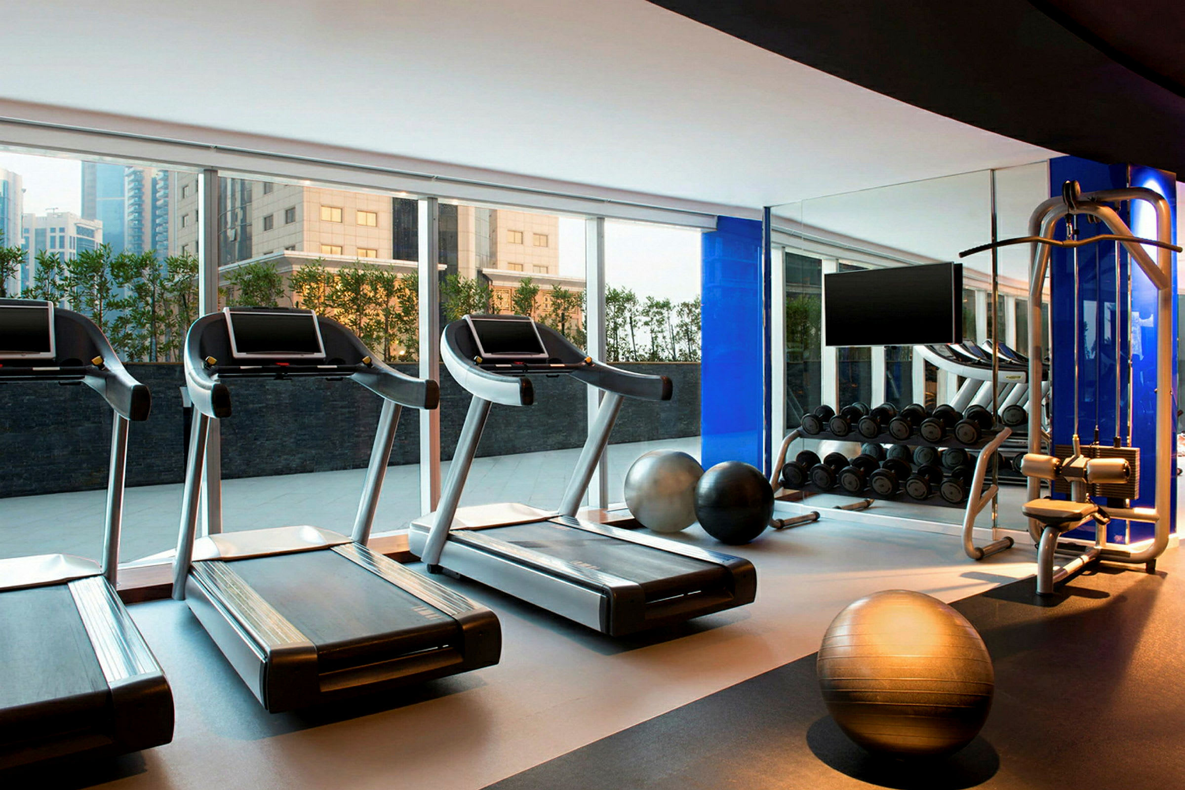 Ett gym med löpband, träningsbollar och viktställningar. (AI-genererad text)