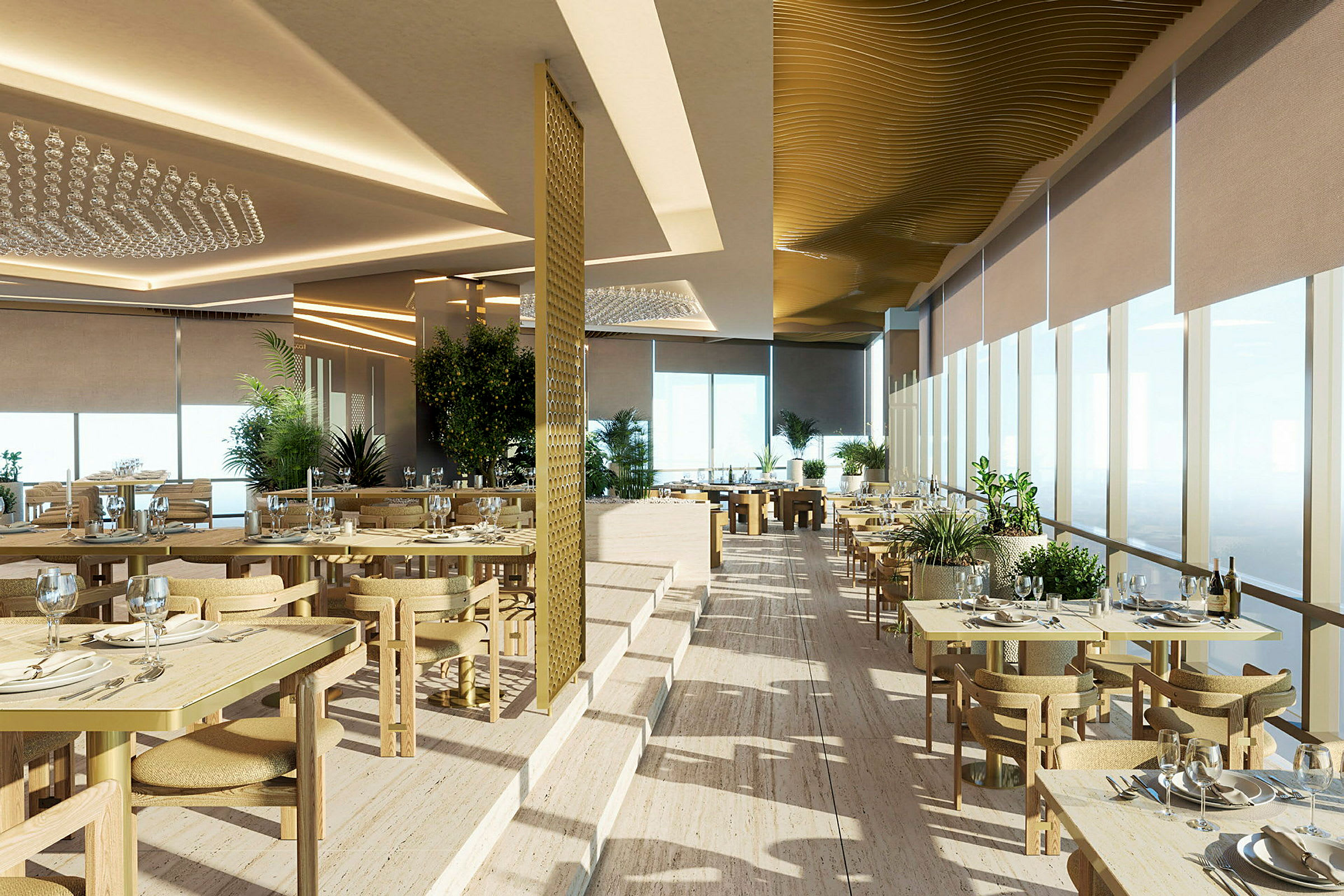 Elegant restaurang med dukade bord i en ljus och modern inredning. (AI-genererad text)