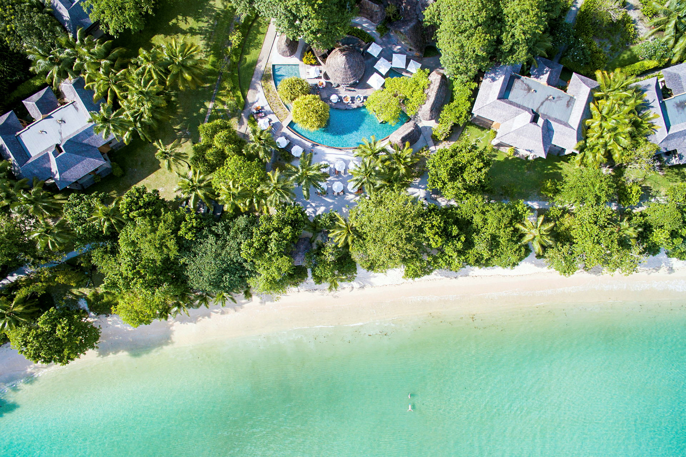 Flygbild av en resort med en pool, byggnader omgivna av grönskande växtlighet och en strand vid turkost vatten. (AI-genererad text)