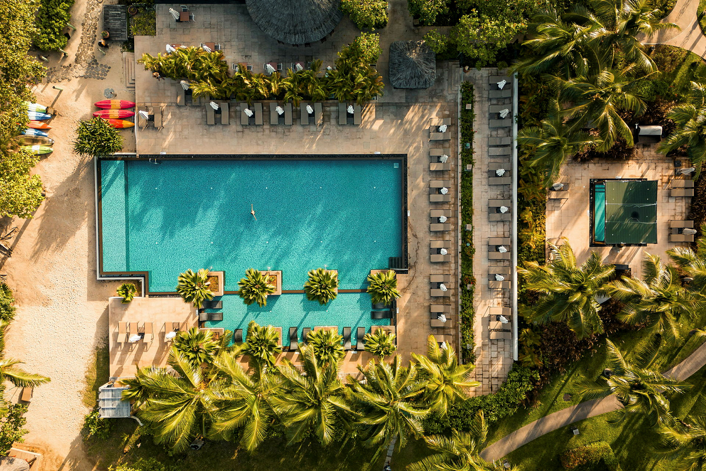 Flygbild över en pool med omgivande solstolar och tropisk vegetation. (AI-genererad text)