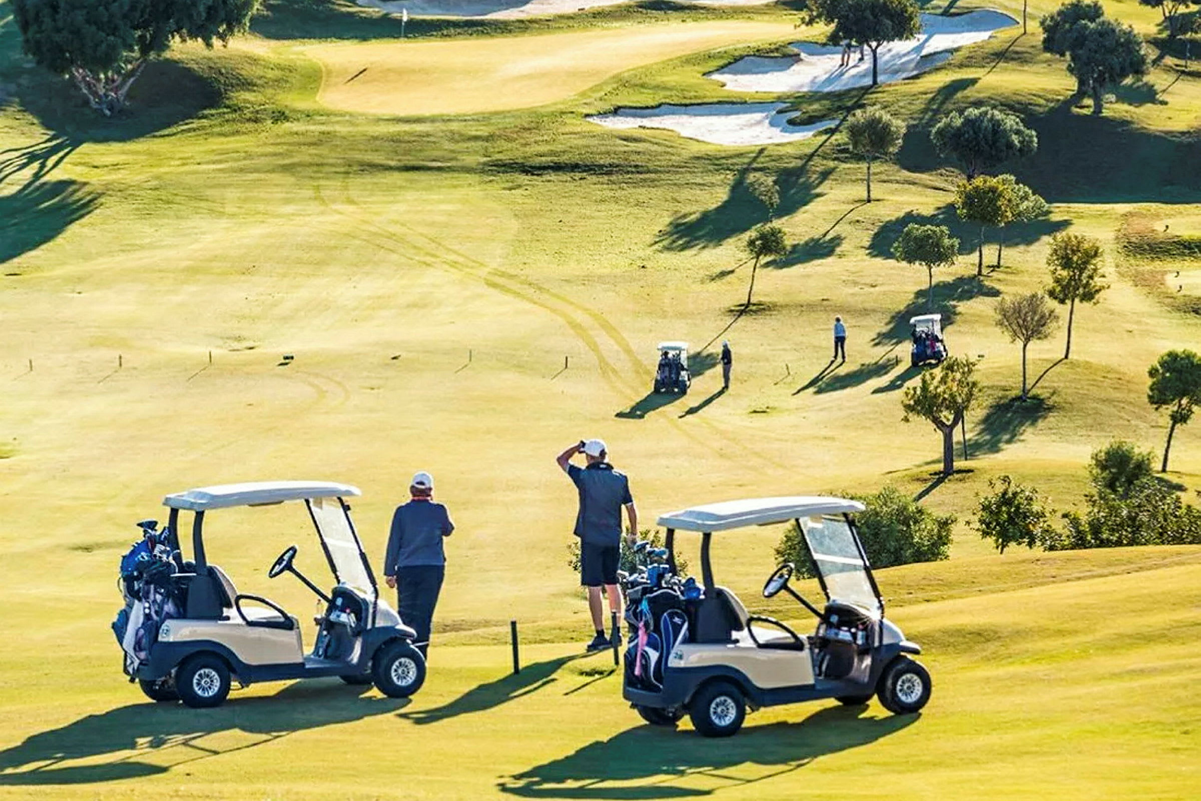 En golfbana med golfvagnar och personer som spelar golf. (AI-genererad text)