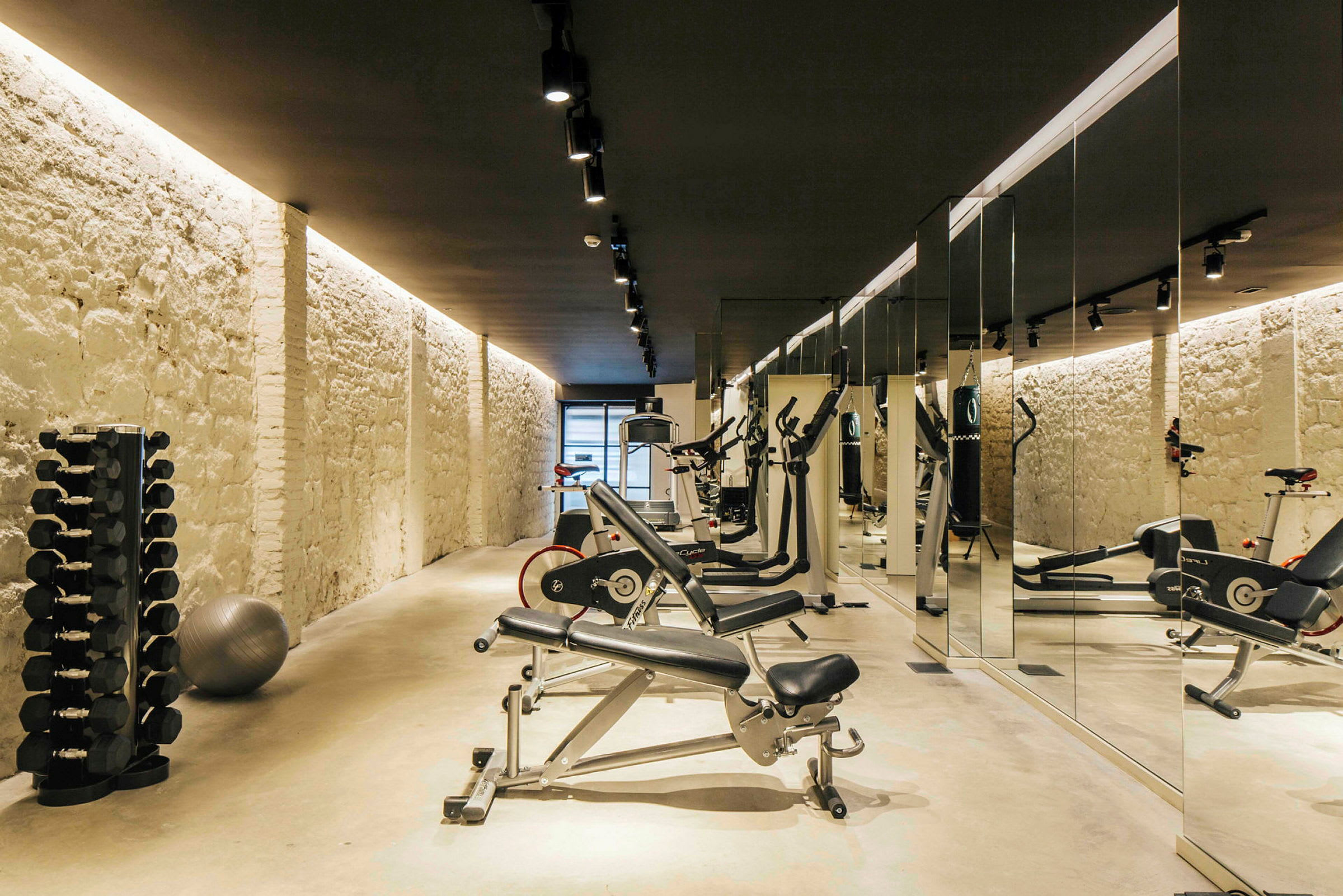 Ett gym med träningsutrustning, speglar på ena väggen och exponerad sten på den andra. (AI-genererad text)