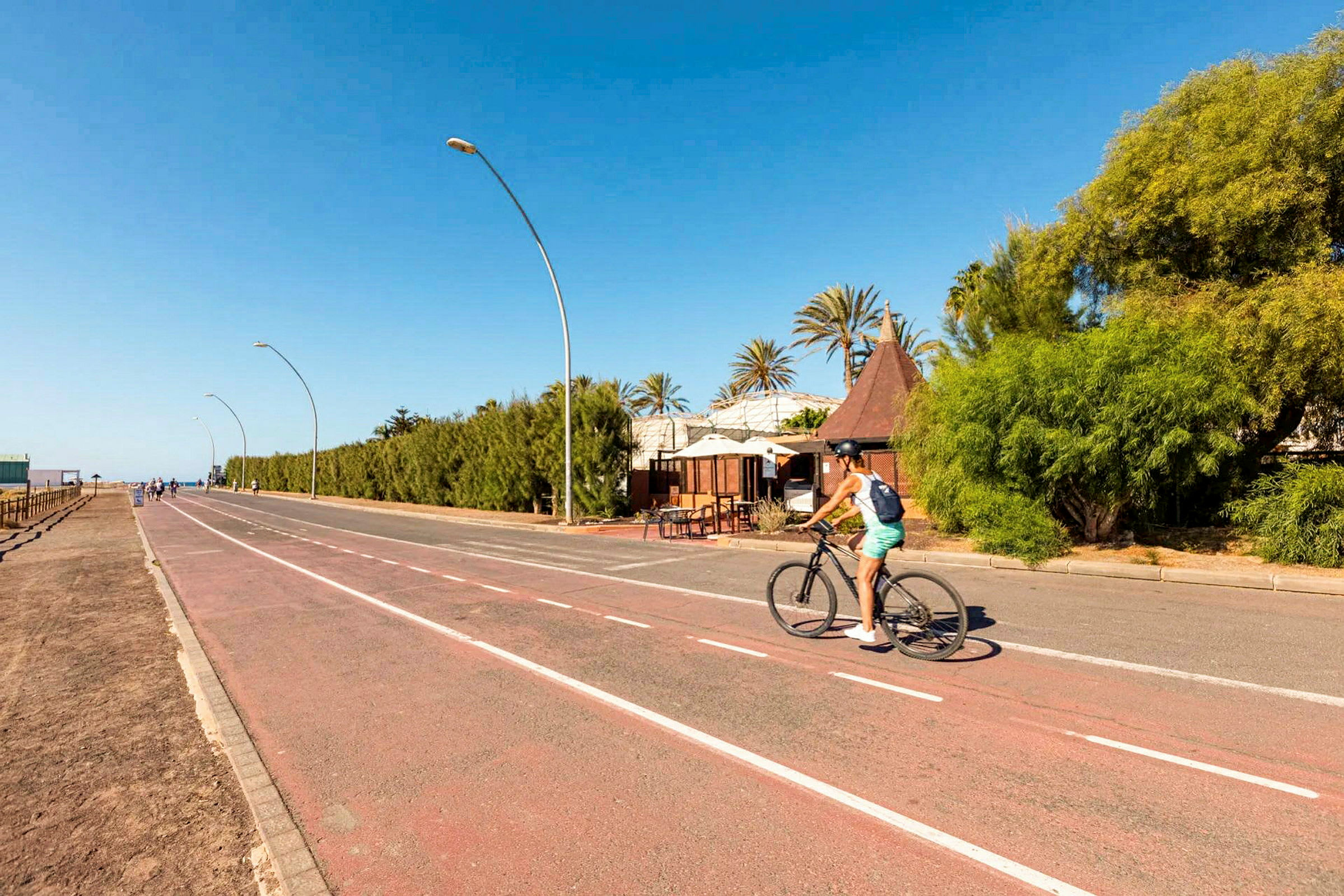 En person cyklar på en cykelväg nära en väg med trädkant och byggnader i bakgrunden. (AI-genererad text)