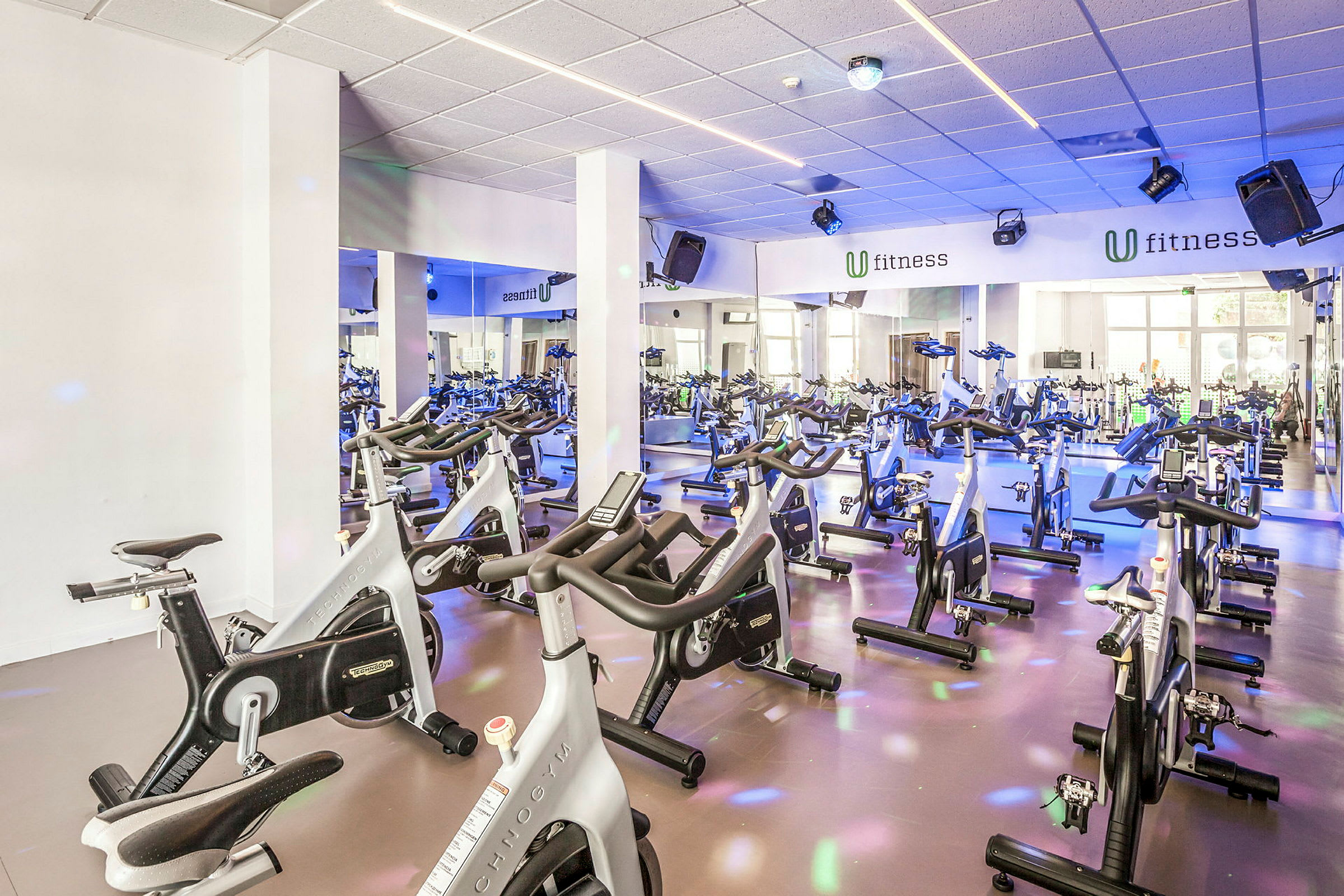 Ett rum fyllt med träningscyklar på ett gym. Speglar täcker väggarna och inredningen är ljus. (AI-genererad text)