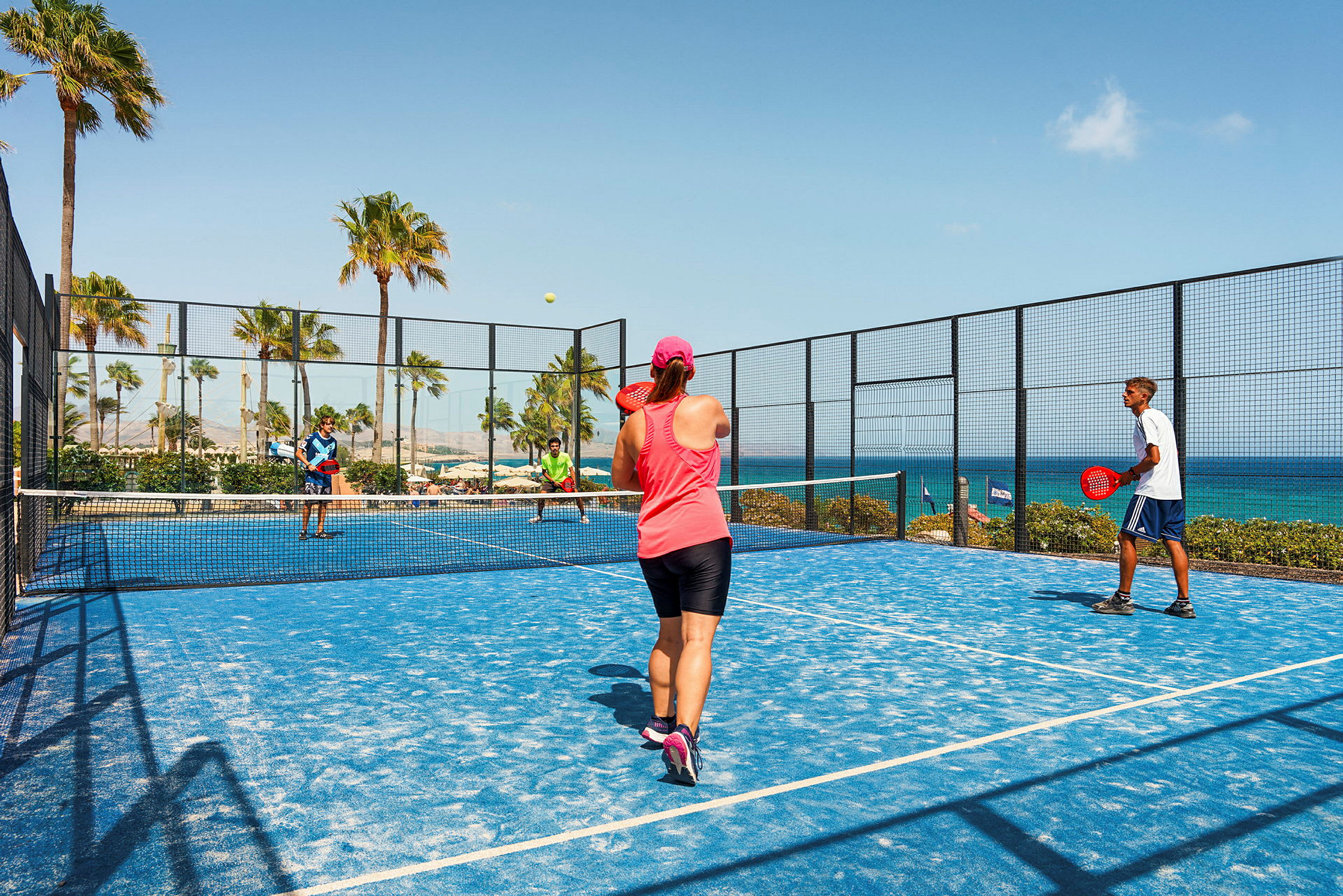 Fyra personer spelar padel på en blå plan med havet och palmer i bakgrunden. (AI-genererad text)