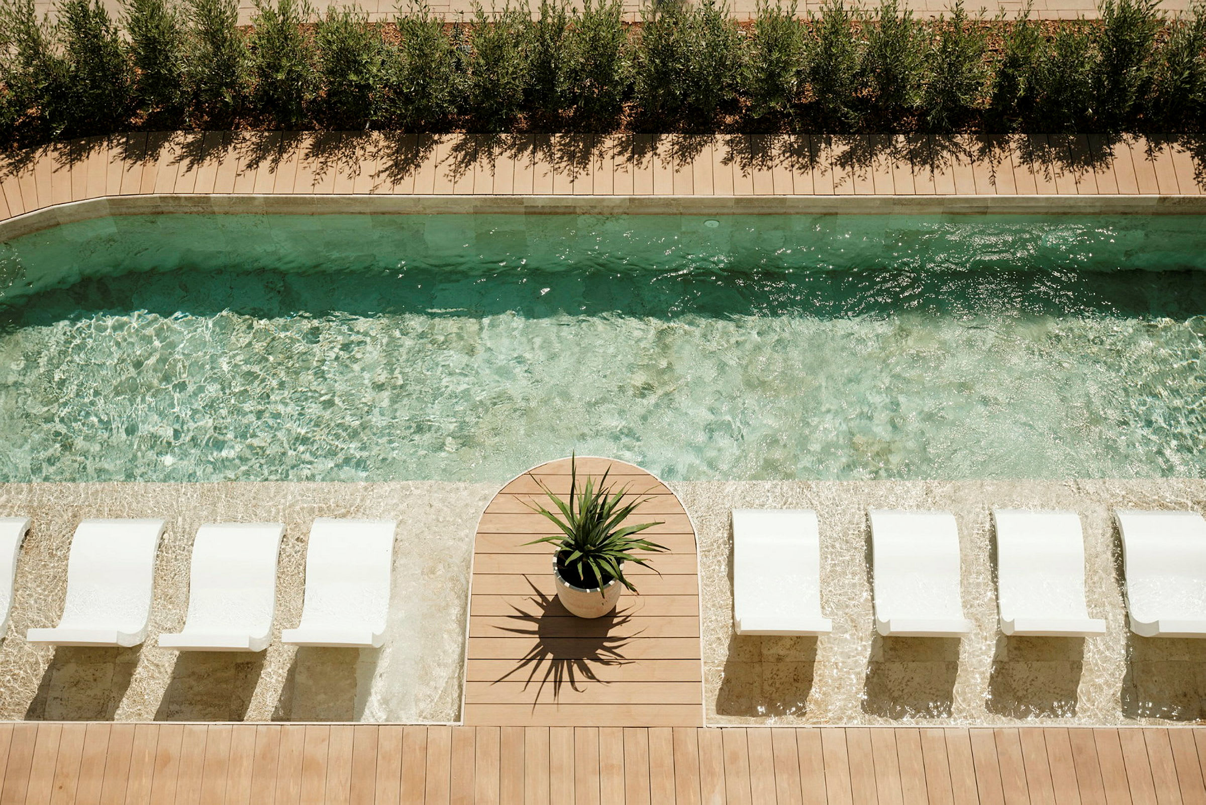 Bild av en pool med klarblått vatten, solstolar vid kanten och en plantering med gröna buskar i bakgrunden. (AI-genererad text)