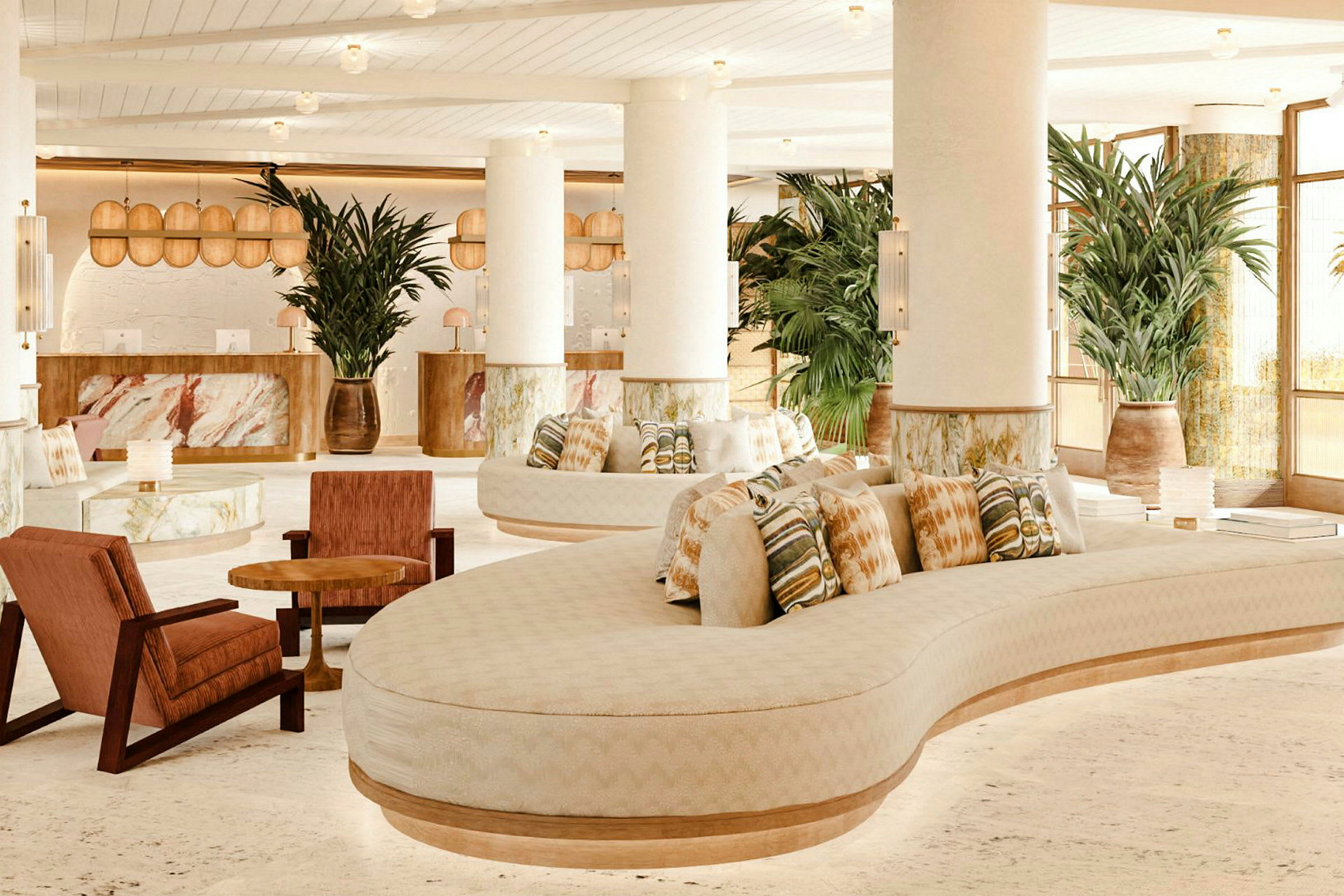 Ett modernt, ljust hotellobbyområde med soffor, stolar och växter. (AI-genererad text)