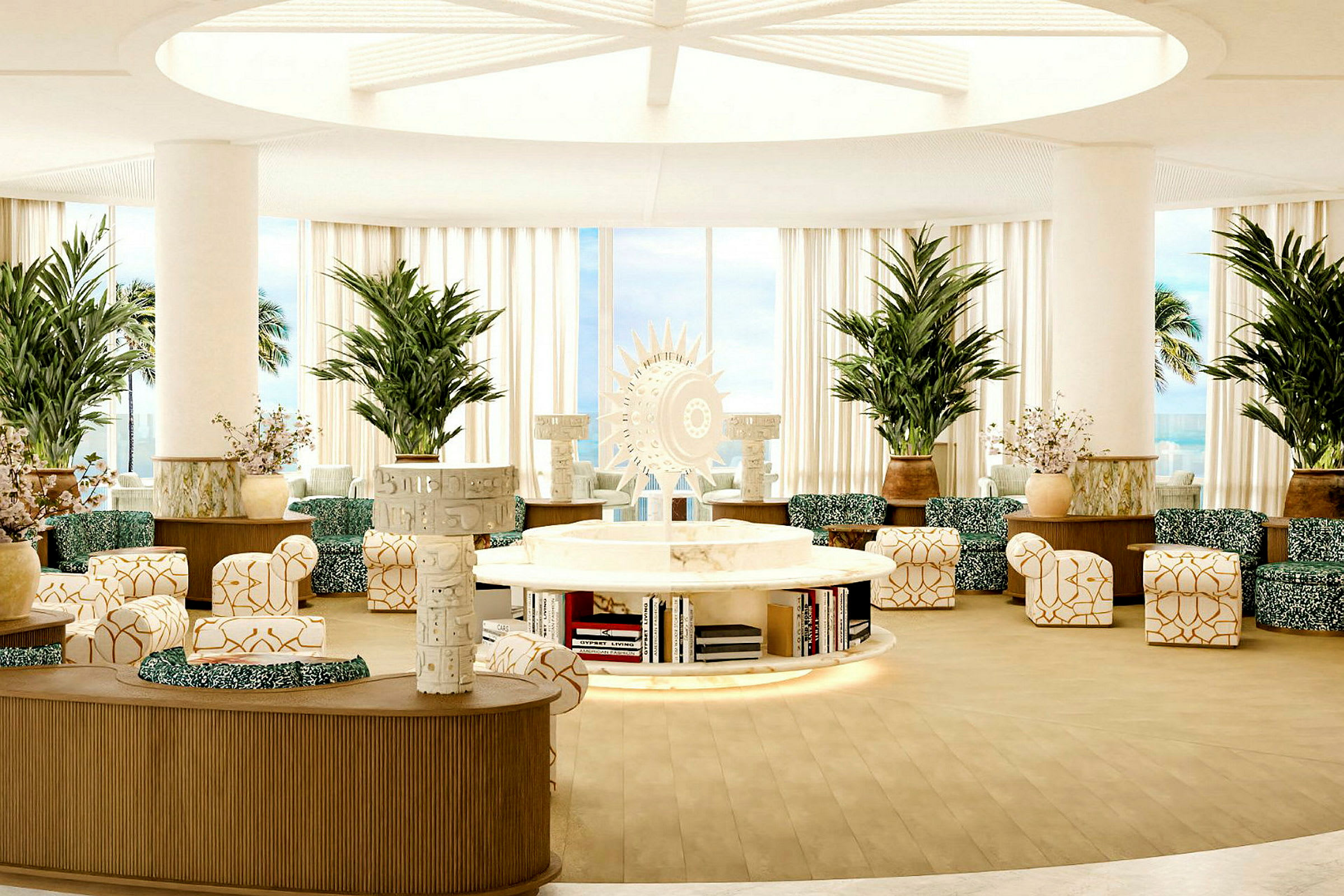 Interiör av en modern lounge med ljusa färger, sittplatser och gröna växter. (AI-genererad text)