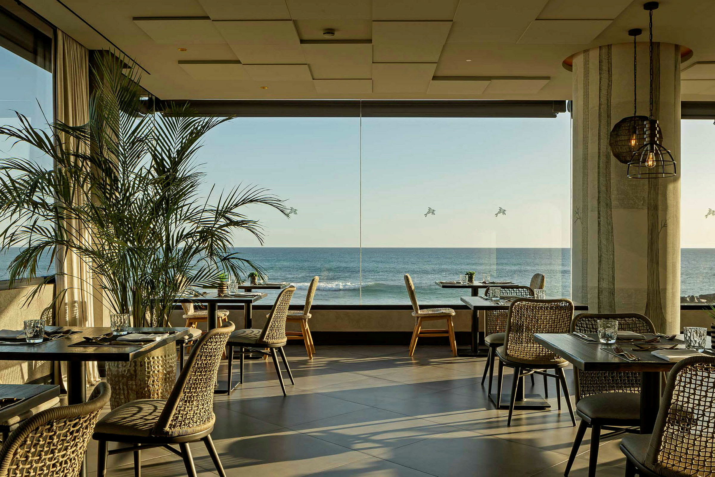 Ett ljusrestaurang med stora fönster som vetter mot en havsutsikt. Bord och stolar är prydligt arrangerade, och gröna plantor dekorerar interiören. (AI-genererad text)