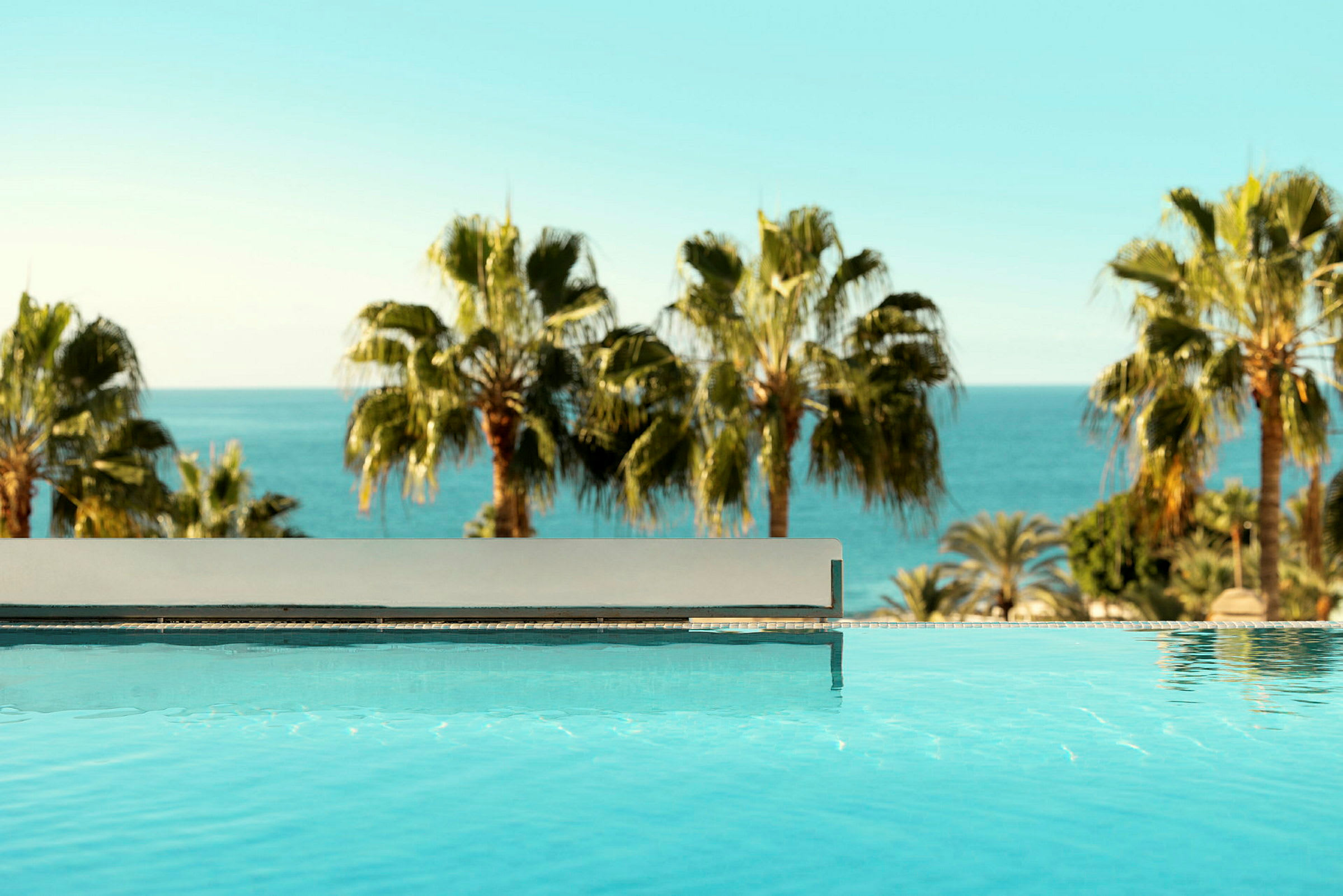 En pool med klart vatten i förgrunden och palmer samt havet i bakgrunden. (AI-genererad text)