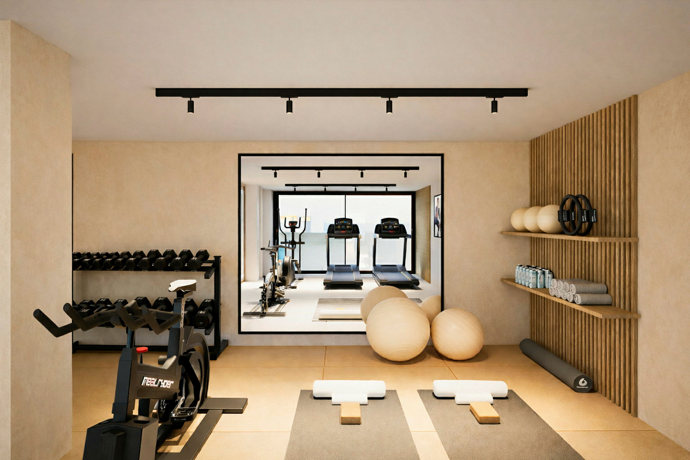 En bild på ett gym med träningsutrustning som motionscyklar, löpband, hantlar och yogamattor. (AI-genererad text)