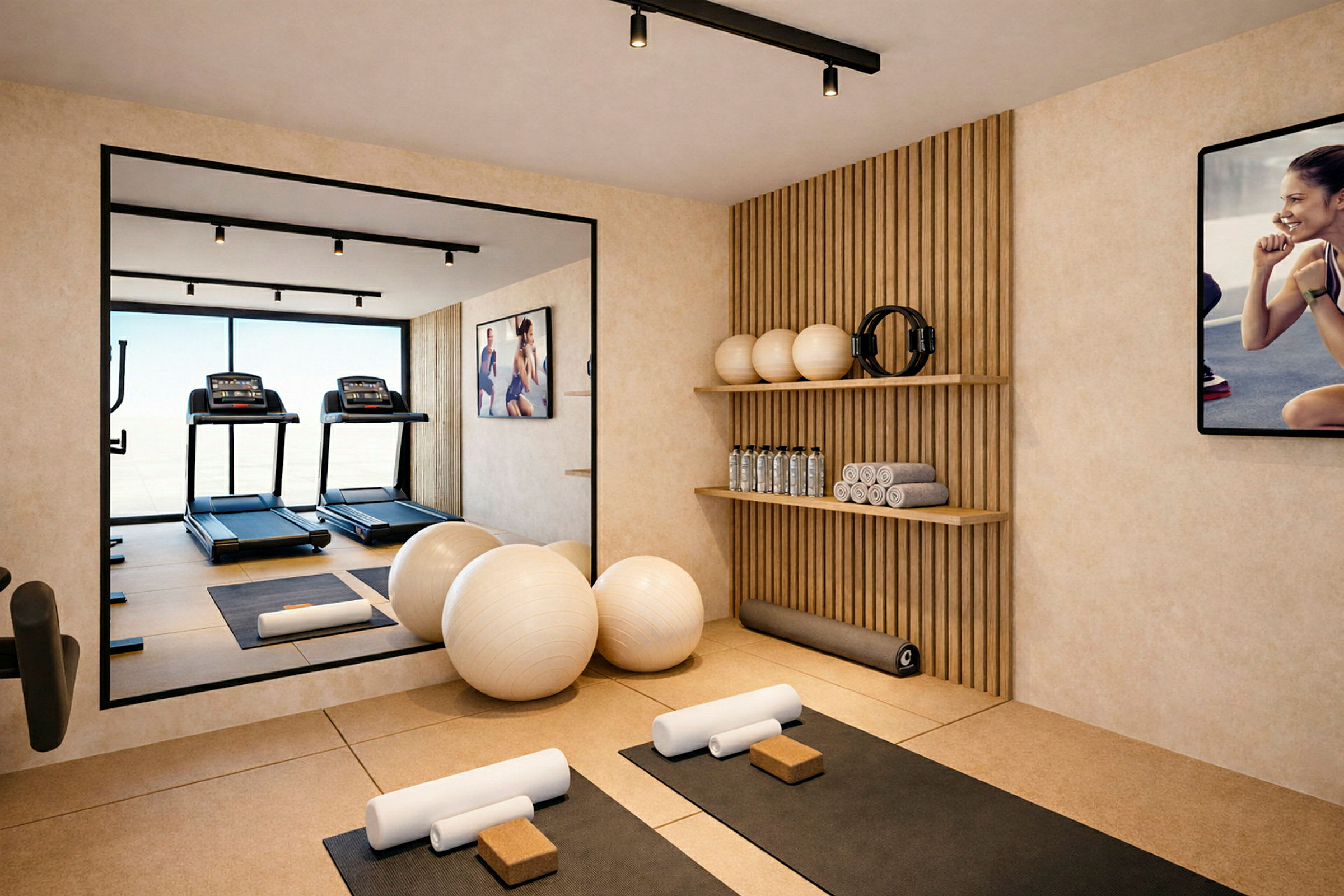 Ett ljust gymrum med två löpband, spegelvägg och träningsutrustning som yogamattor, träningsbollar och vikter. (AI-genererad text)