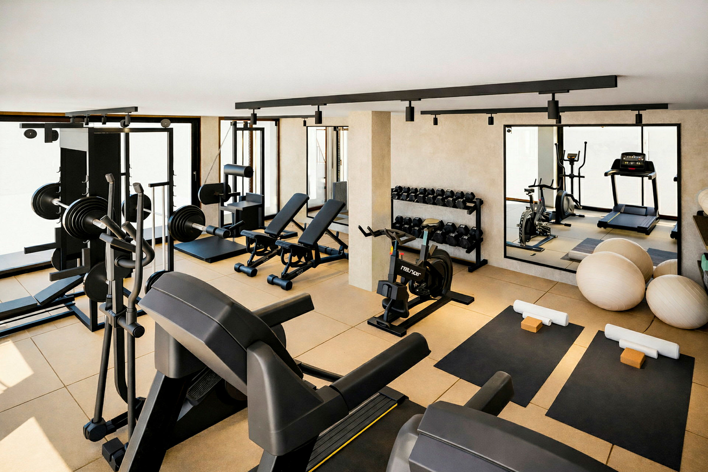 Gym med träningsutrustning som löpband, motionscykel och hantlar. (AI-genererad text)
