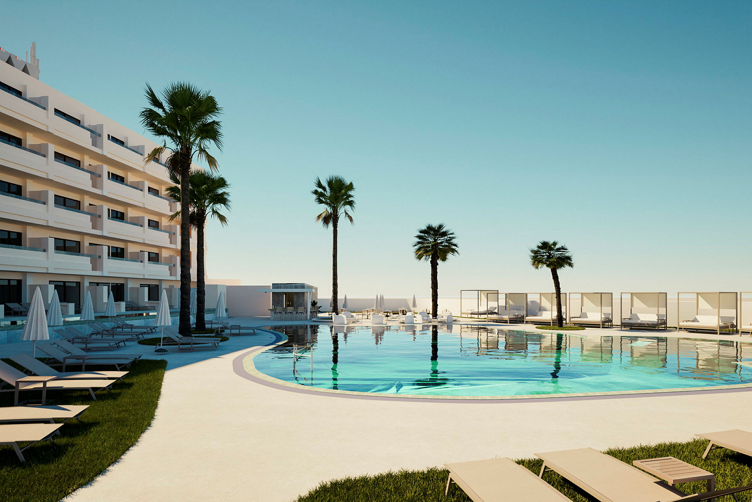 Modern hotellbyggnad med en pool omgiven av solstolar och palmer. (AI-genererad text)