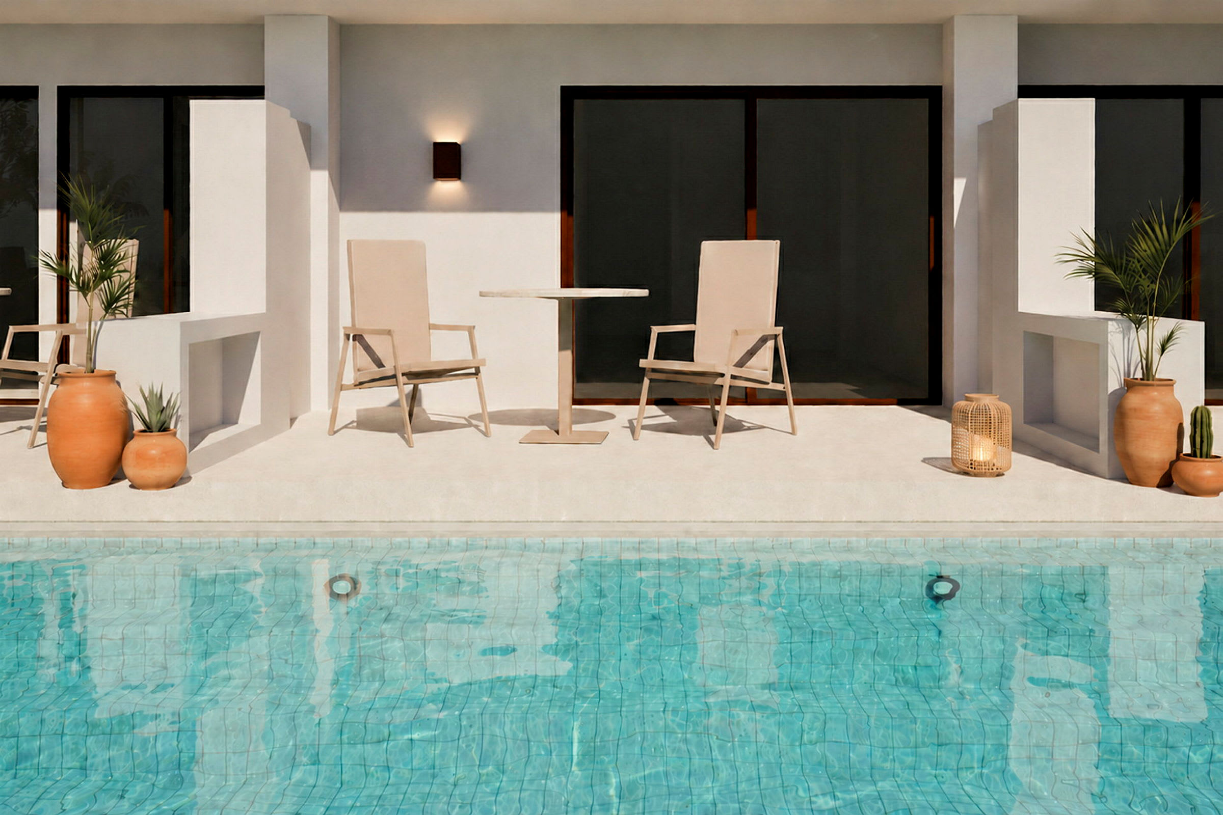 Bild av en terrass med två stolar och ett bord framför en pool. Växter är placerade i krukor längs terrassen. (AI-genererad text)