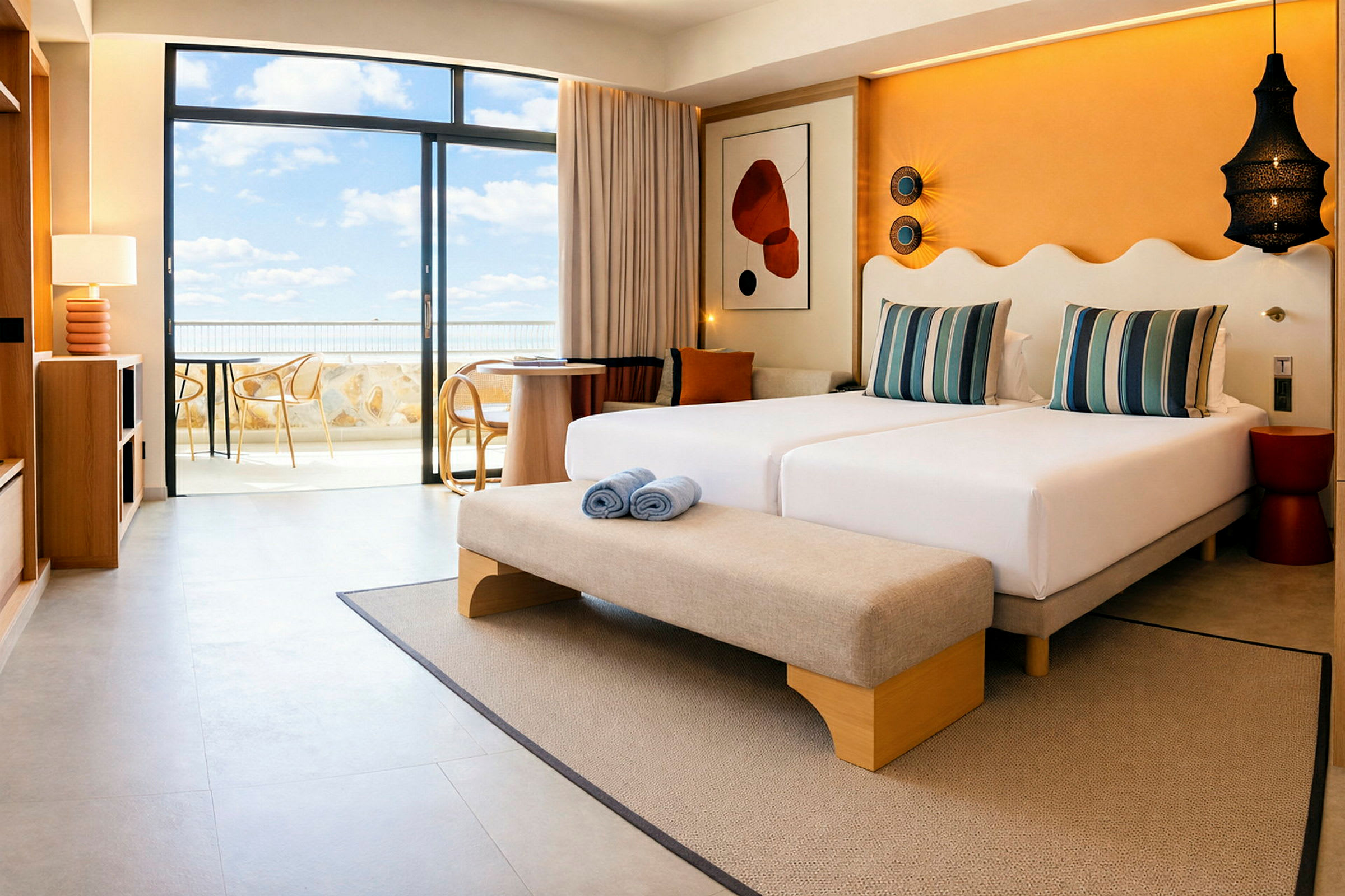Modernt hotellrum med två sängar, sittplatser och utsikt mot balkong och himmel. (AI-genererad text)