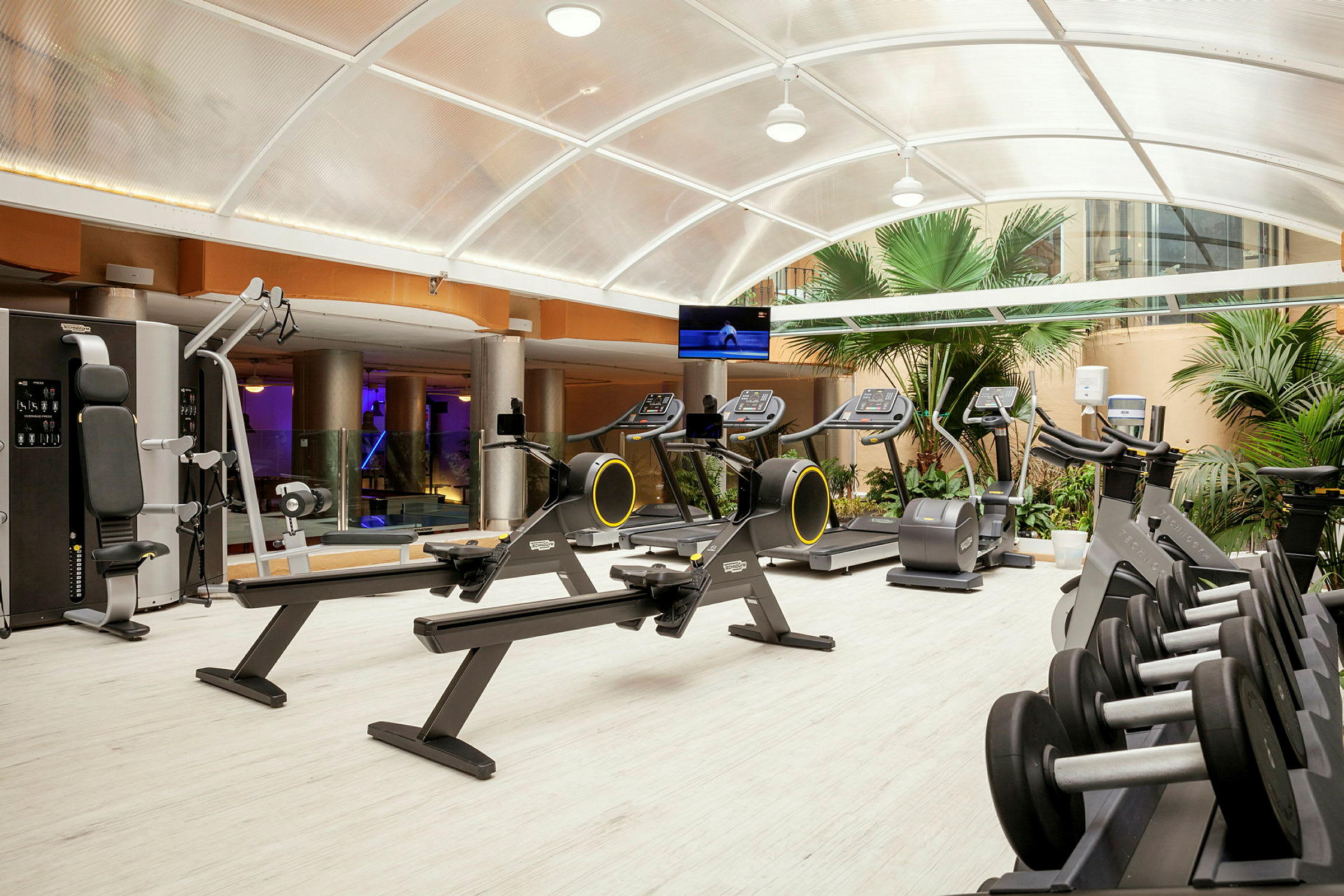 Gym med olika träningsmaskiner och fria vikter. (AI-genererad text)