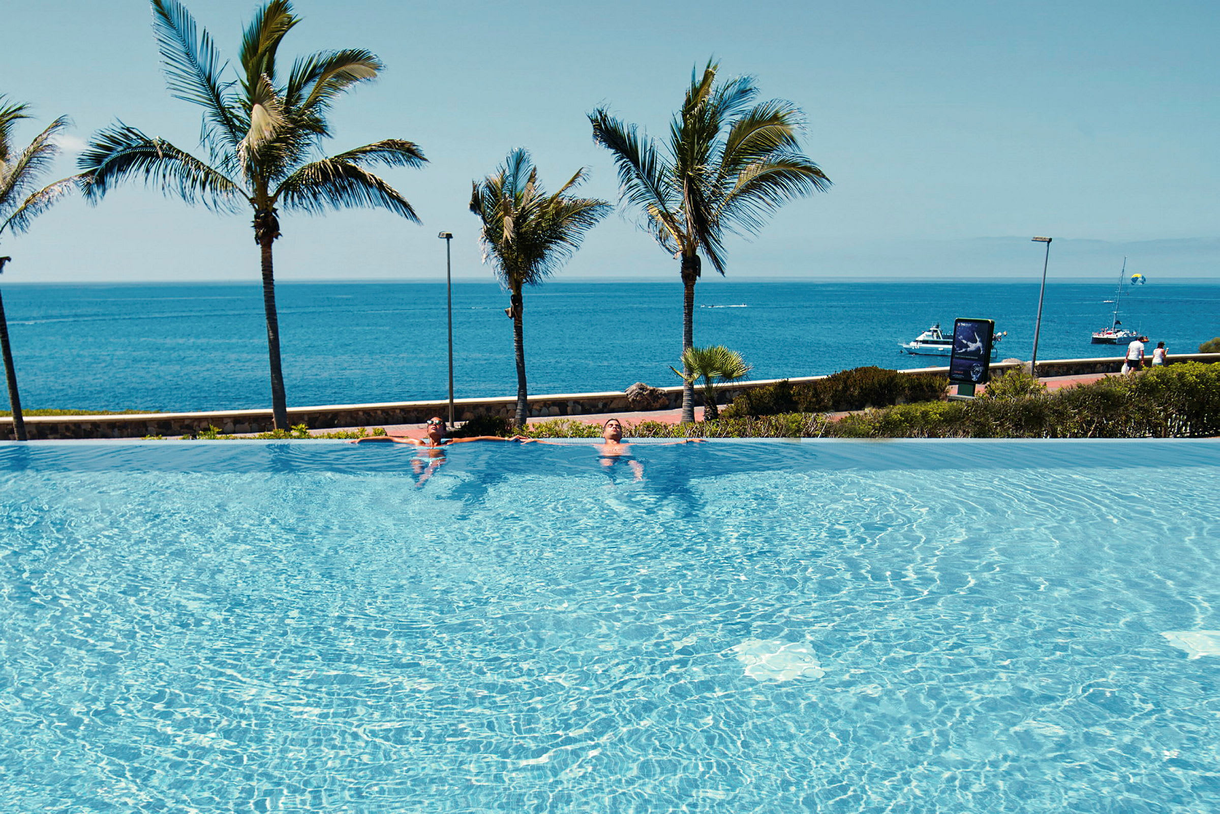 En infinitypool vid havet med palmer i bakgrunden. (AI-genererad text)