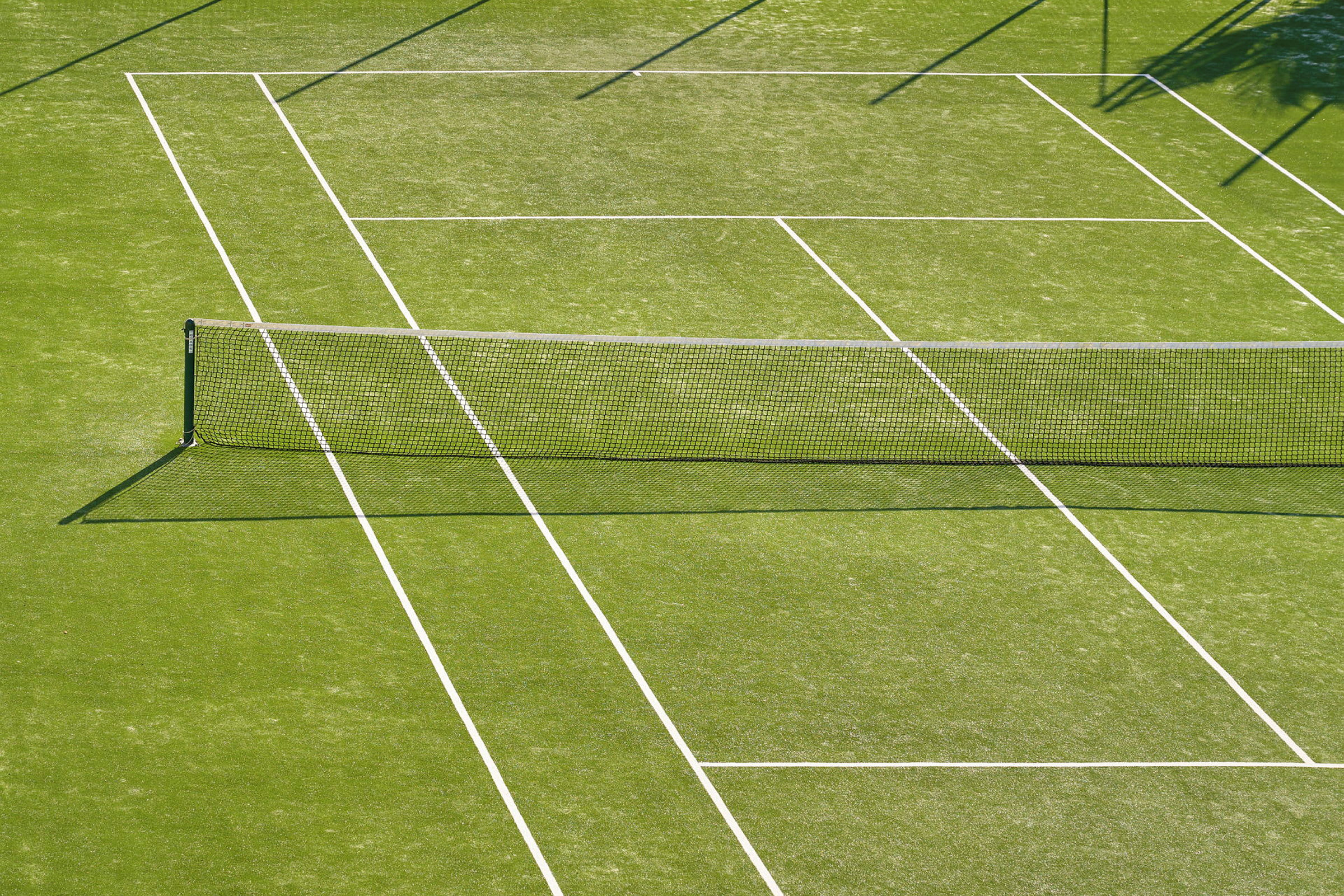 En tennisbana med grönt underlag och ett nät i mitten. (AI-genererad text)