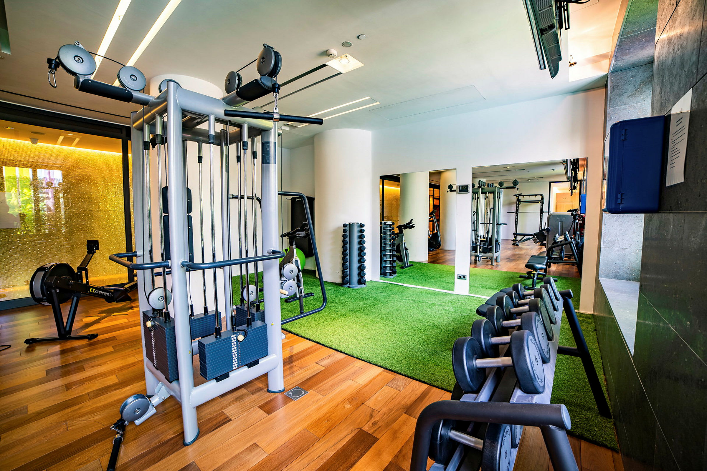 Ett fräsch gym med maskiner, hantlar och konstgräsgolv. (AI-genererad text)