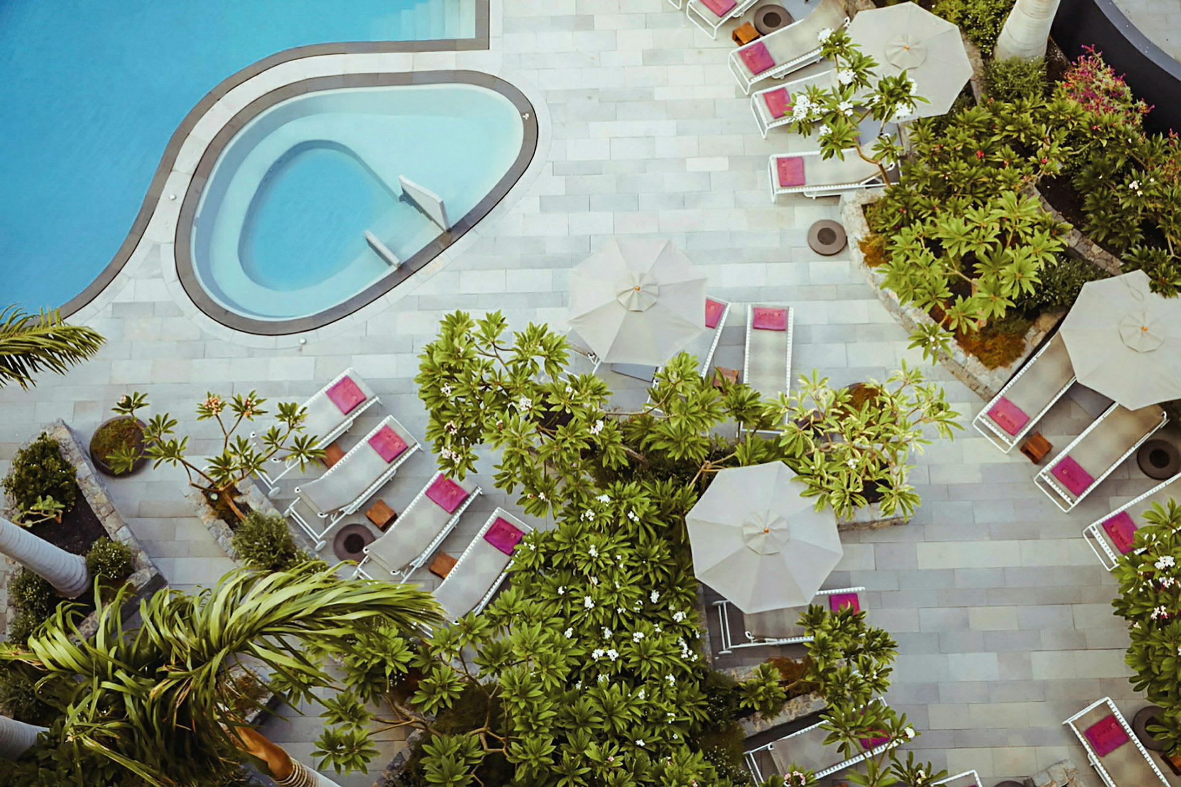 Bild av en pool med en anslutande mindre pool, omgiven av solstolar med rosa kuddar och vita parasoller, samt frodiga gröna växter. (AI-genererad text)