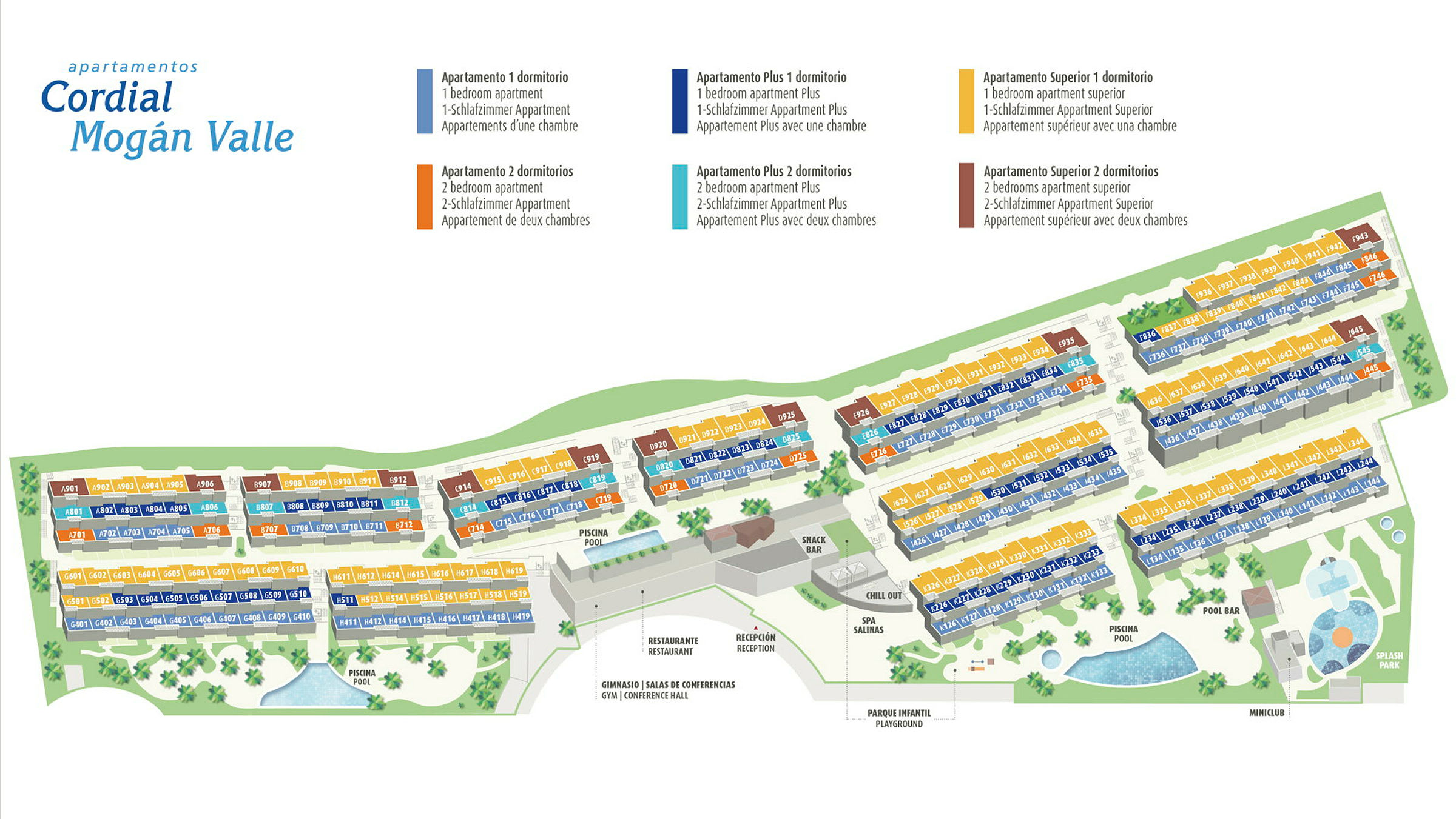 Illustrerad karta över layouten på boenden och faciliteter i Cordial Mogán Valle. (AI-genererad text)