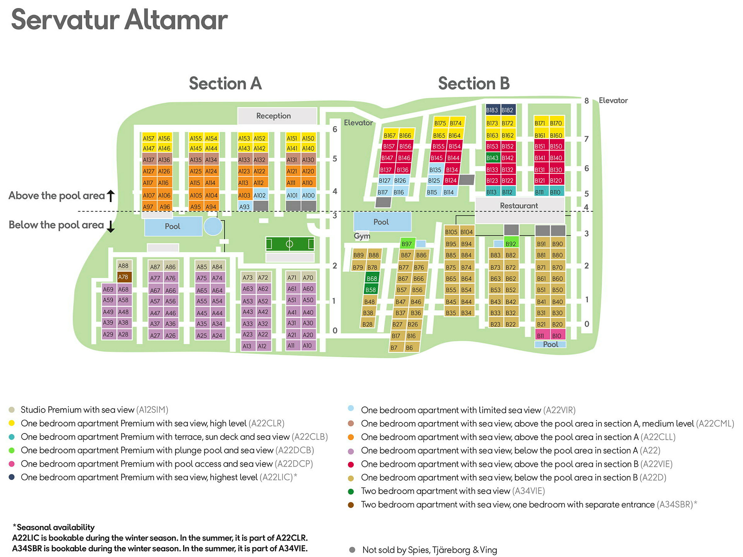 En grafisk karta över Servatur Altamar hotellområdet, med avsnitten A och B, inkluderande pooler, gym och lägenheter markerade. (AI-genererad text)