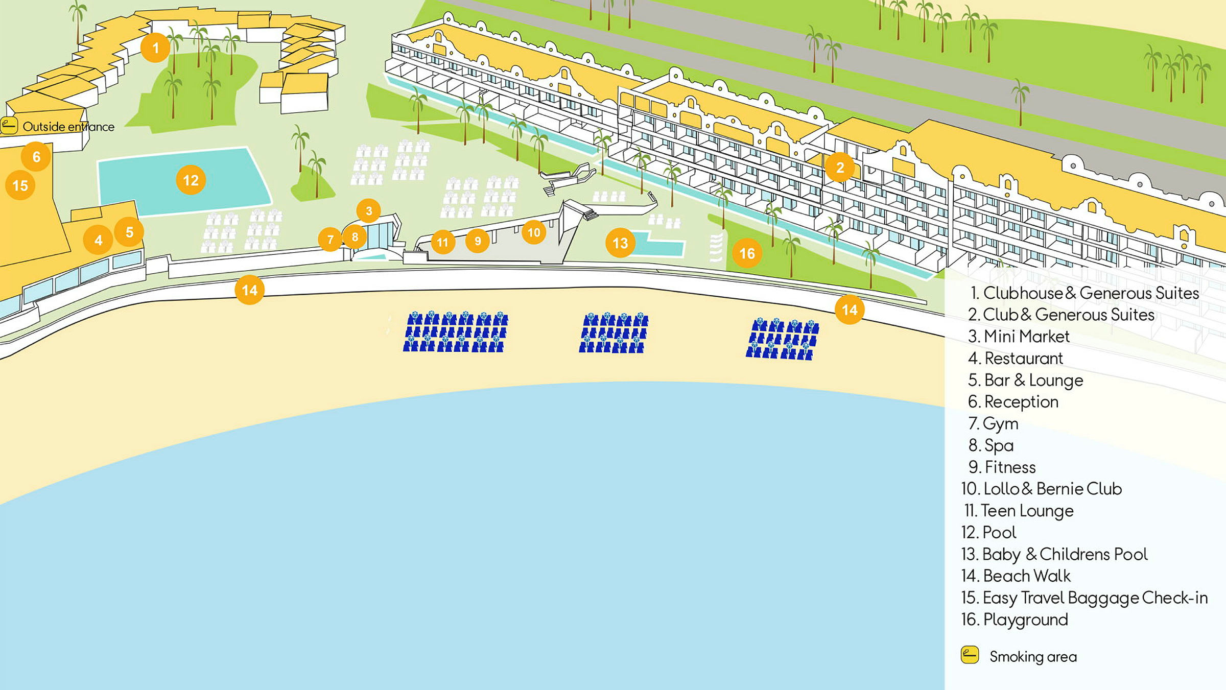 Illustrerad karta över ett semesterområde med byggnader, pooler, lekplats och strand. Numrerade platser är markerade. (AI-genererad text)