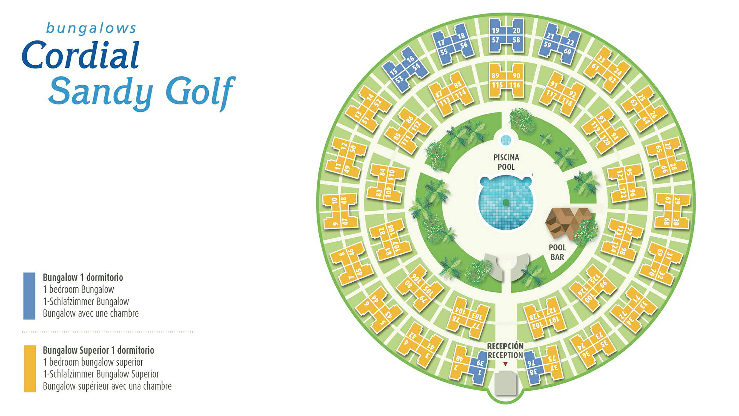 Illustration över layouten på bungalowområdet Cordial Sandy Golf med boenden och faciliteter. (AI-genererad text)