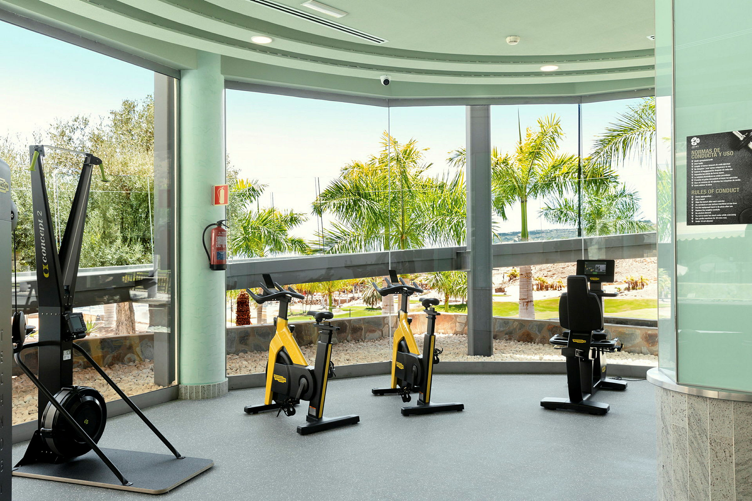 Ett gym med motionscyklar och träningsutrustning, med stora fönster ut mot palmer och trädgård. (AI-genererad text)