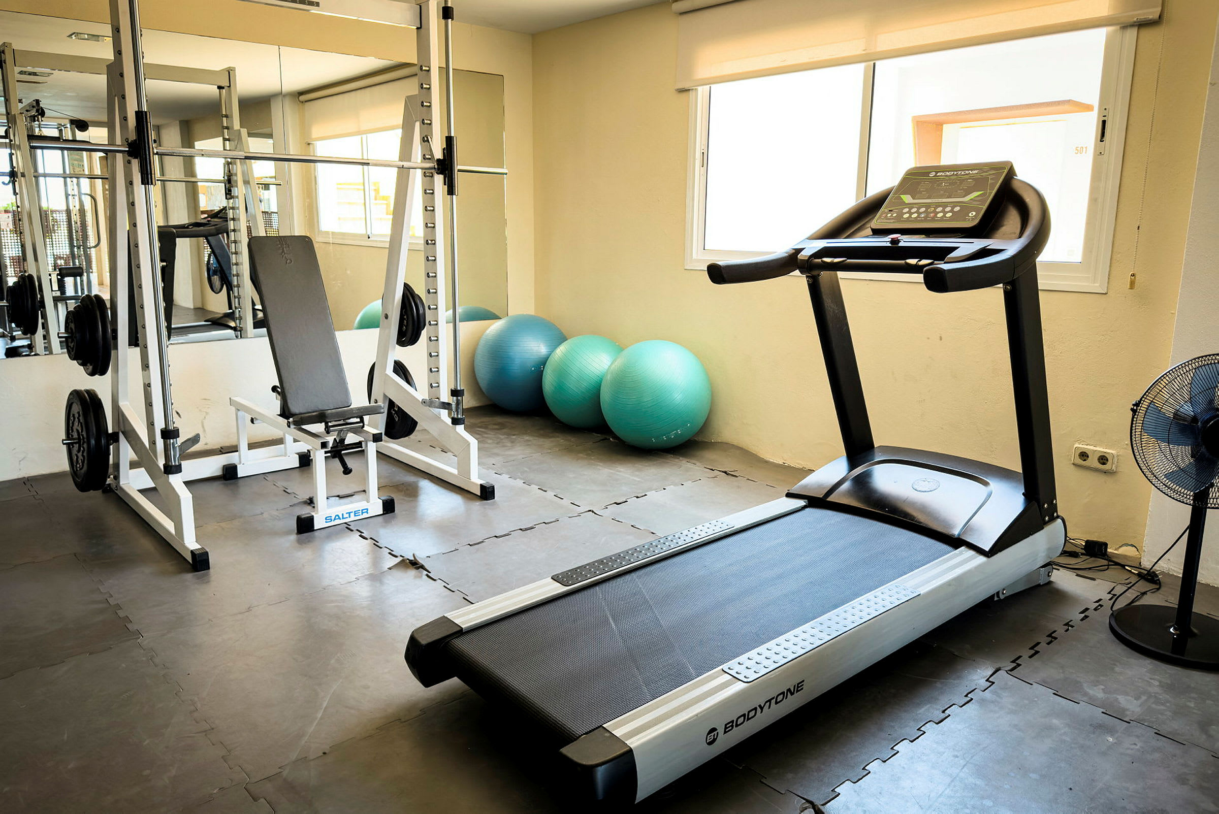 Ett gym med löpband, träningsbänk och fitnessbollar. (AI-genererad text)