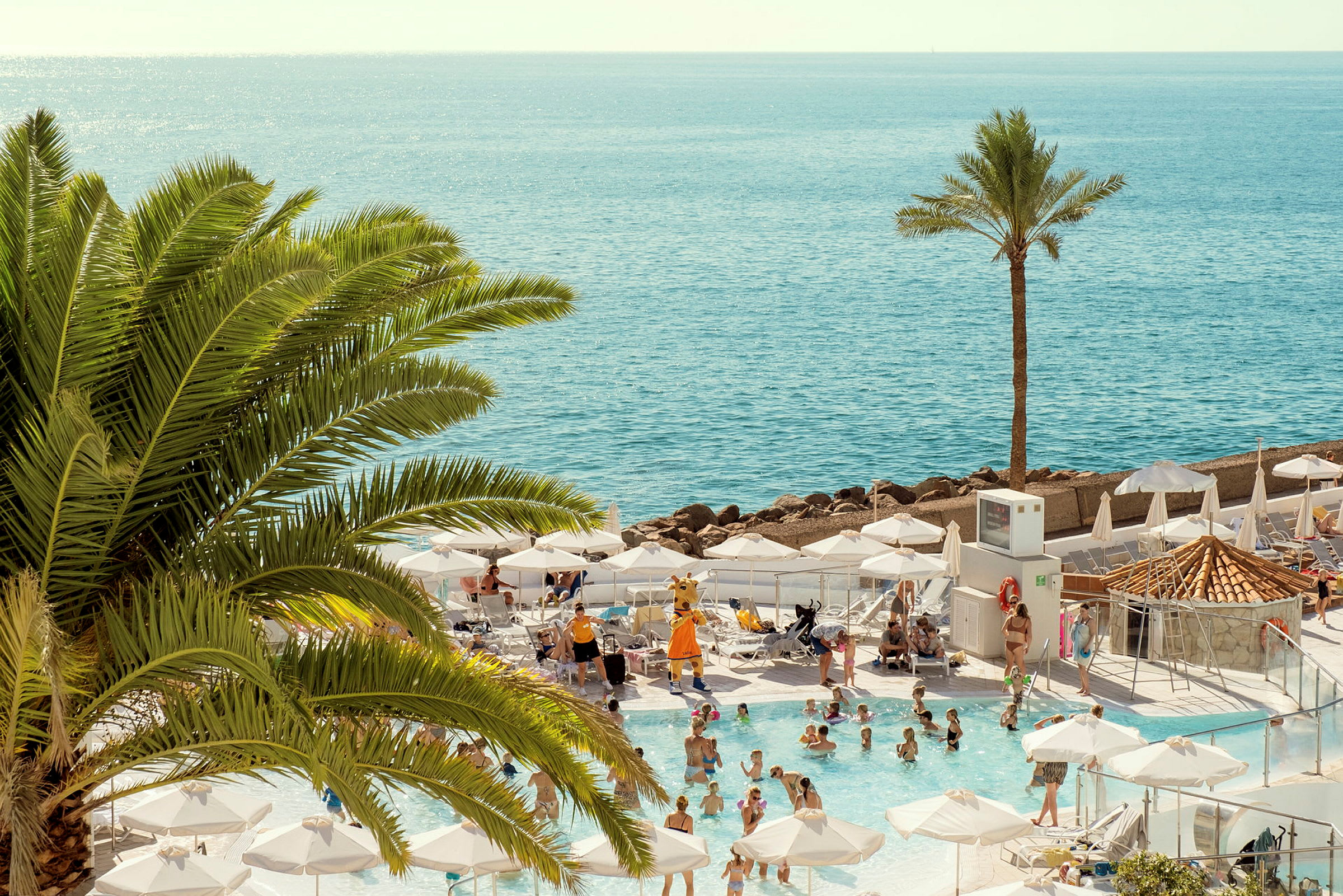 Utsikt över en pool med människor, parasoller och palmer vid havet. (AI-genererad text)