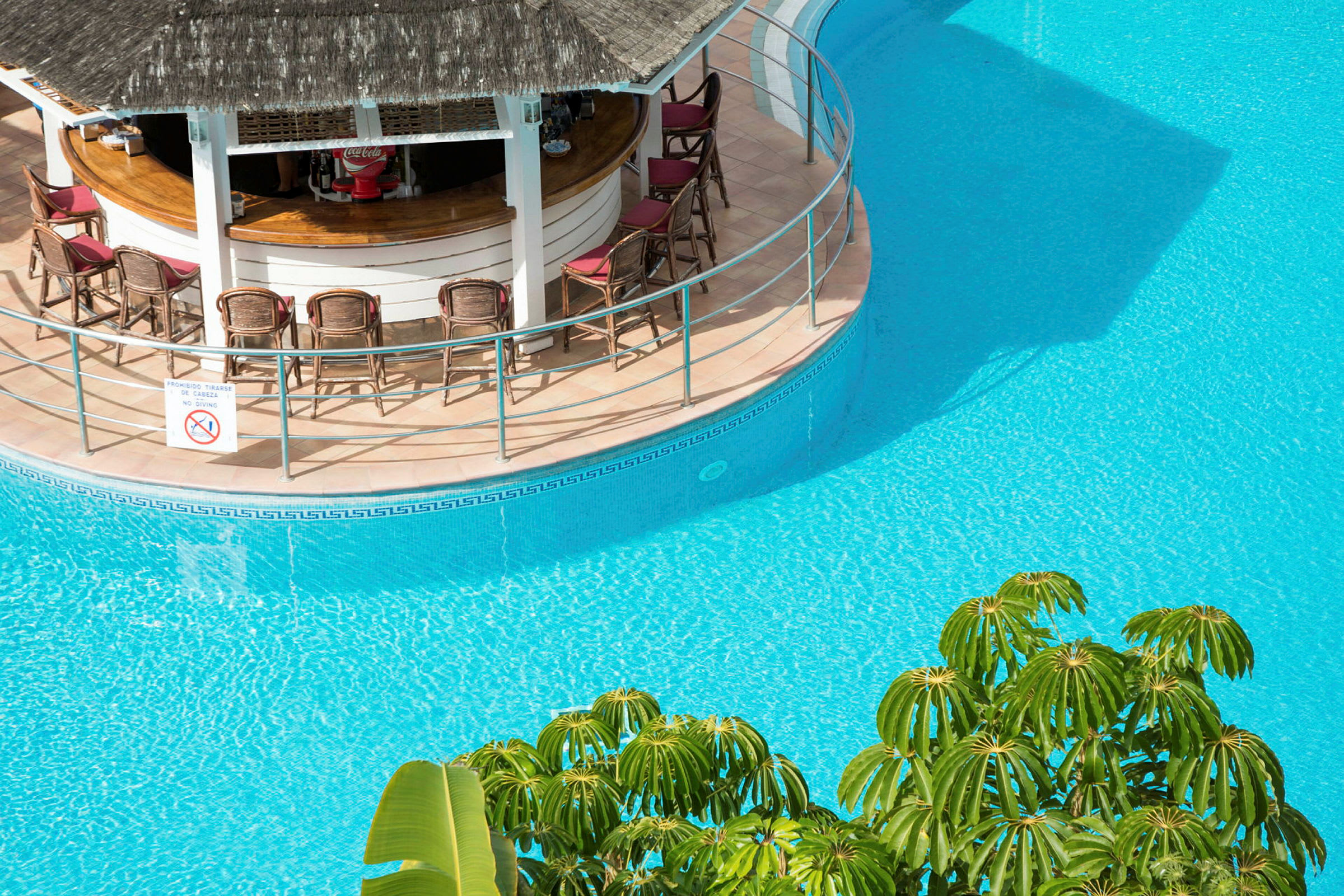 En poolbar omgiven av en blå pool och grönskande växter. (AI-genererad text)