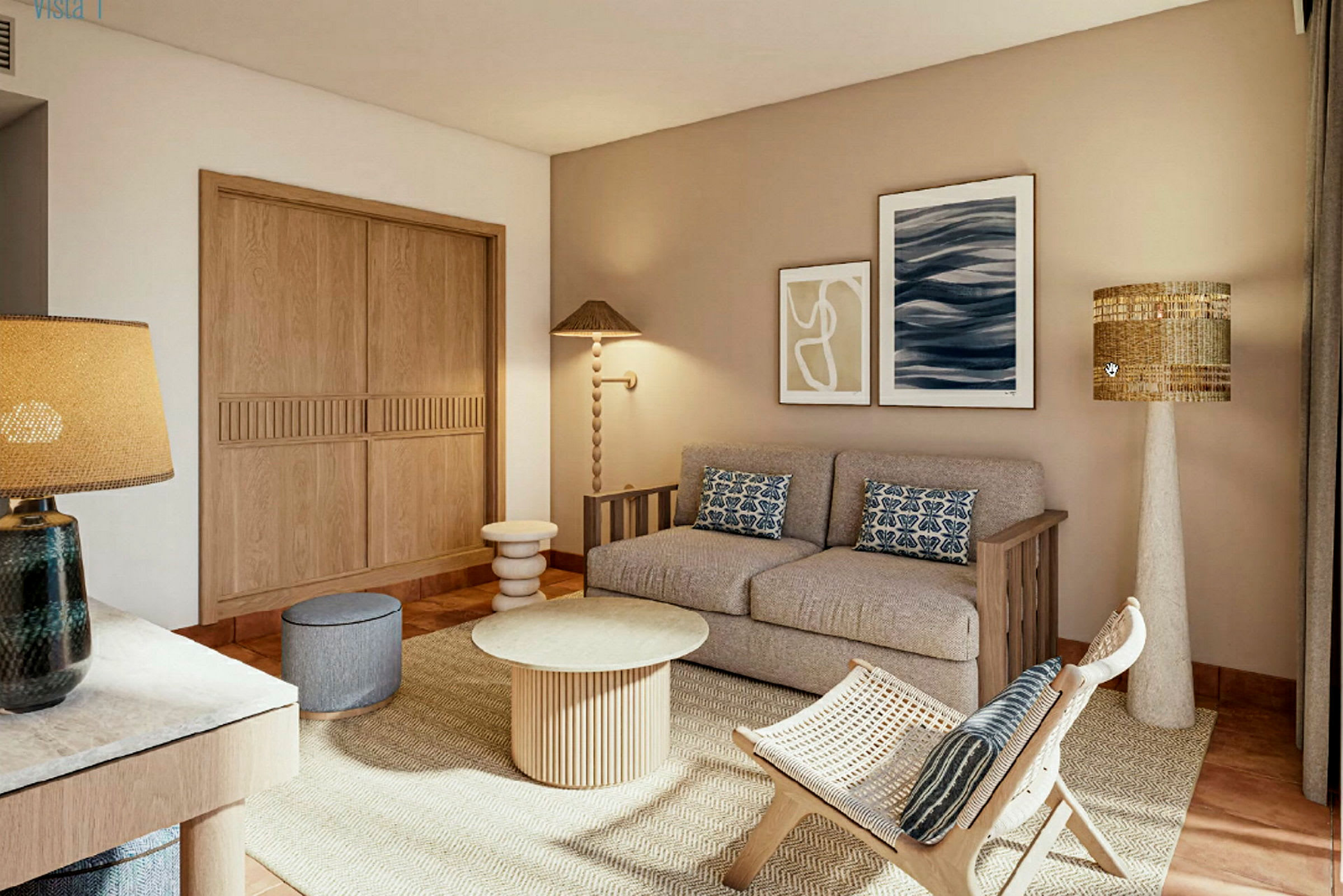 Ett vardagsrum med beige väggar, en soffa, en fåtölj, soffbord och modern inredning. (AI-genererad text)