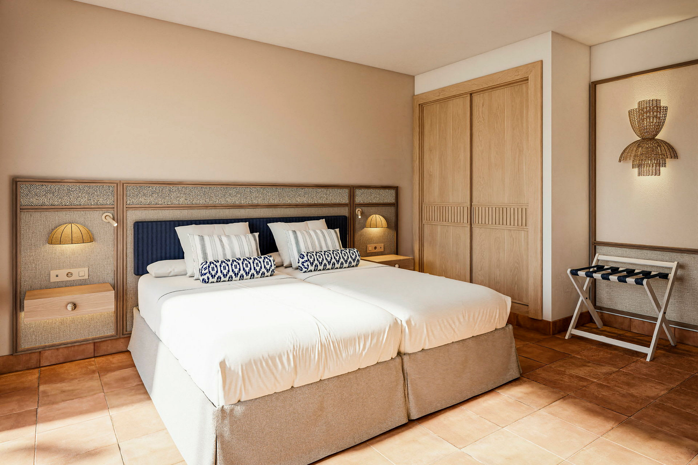 Ett hotellrum med en dubbelsäng, träinredning och modern design. (AI-genererad text)