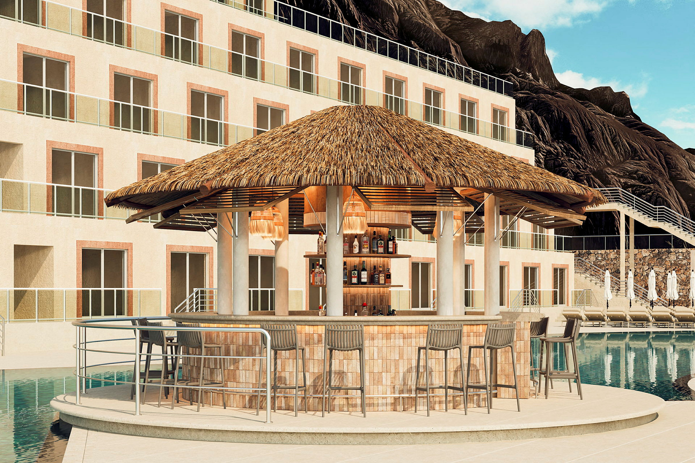 En strandbar med halmtak vid en pool, omgiven av en modern byggnad med flera balkonger. (AI-genererad text)